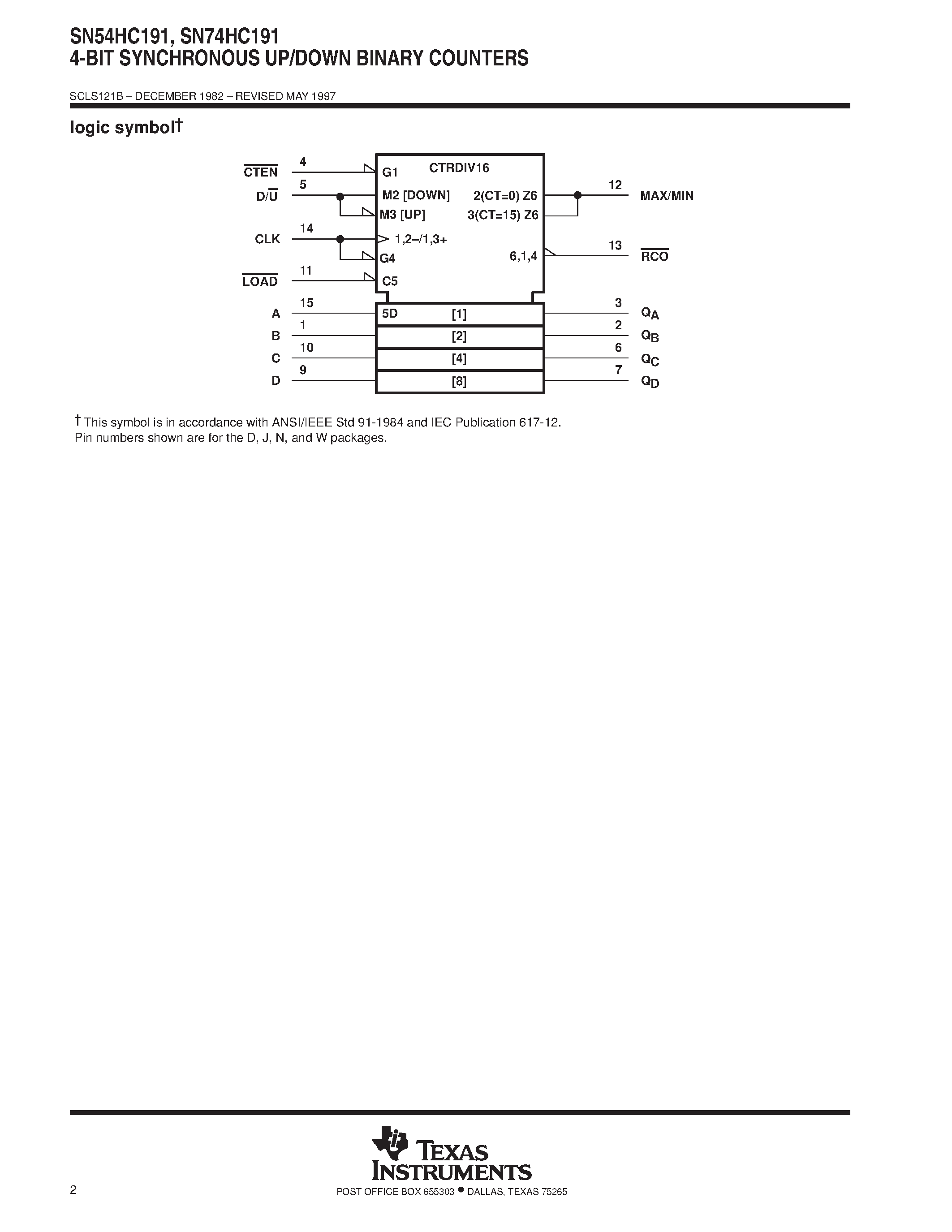 Datasheet SN74HC191 page 2 Datasheet SN74HC191 - 4-BIT SYNCHRONOUS UP/DOWN BINARY COUNTERS page 2