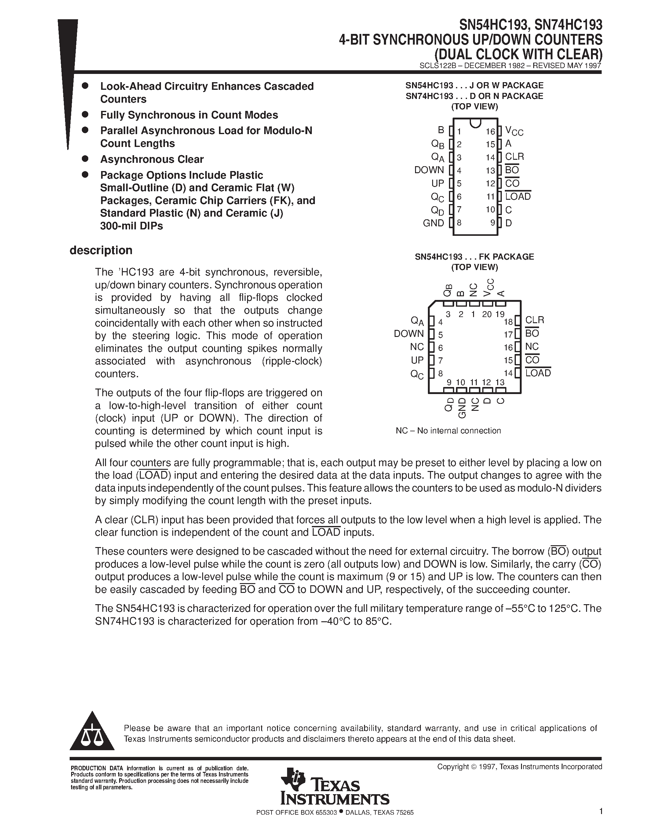 Datasheet SN74HC193 - 4-BIT SYNCHRONOUS UP/DOWN COUNTERS DUAL CLOCK WITH CLEAR page 1