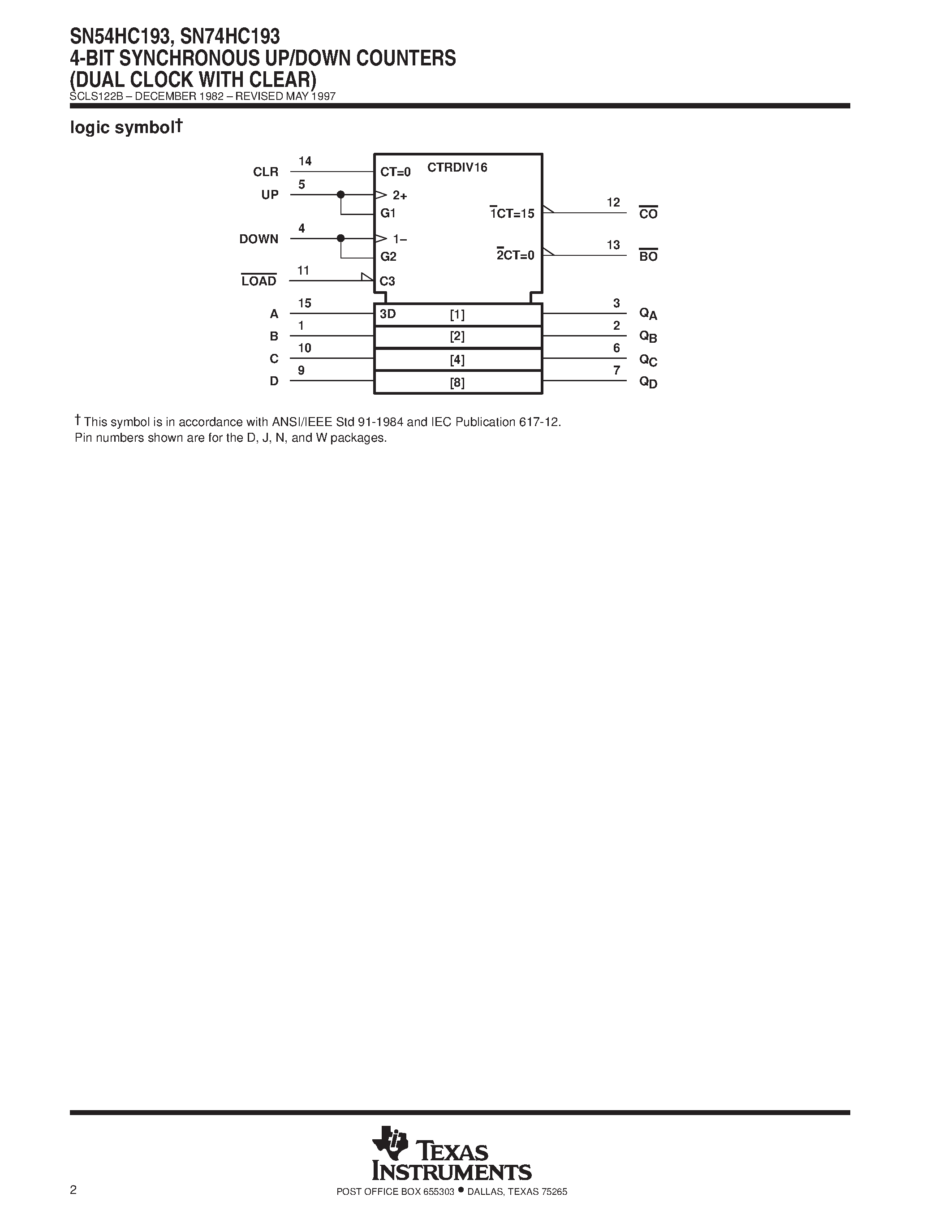 Datasheet SN74HC193 - 4-BIT SYNCHRONOUS UP/DOWN COUNTERS DUAL CLOCK WITH CLEAR page 2