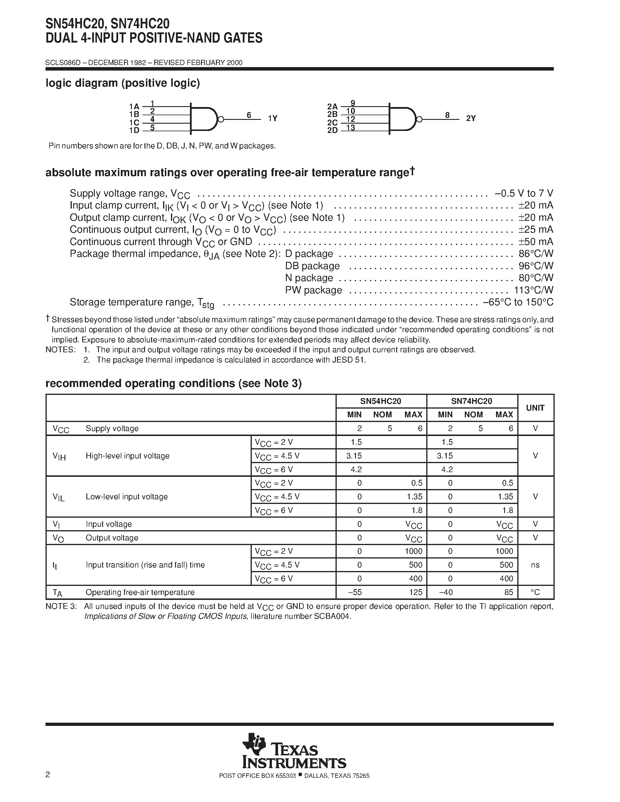 Datasheet SN74HC20 - DUAL 4-INPUT POSITIVE-NAND GATES page 2