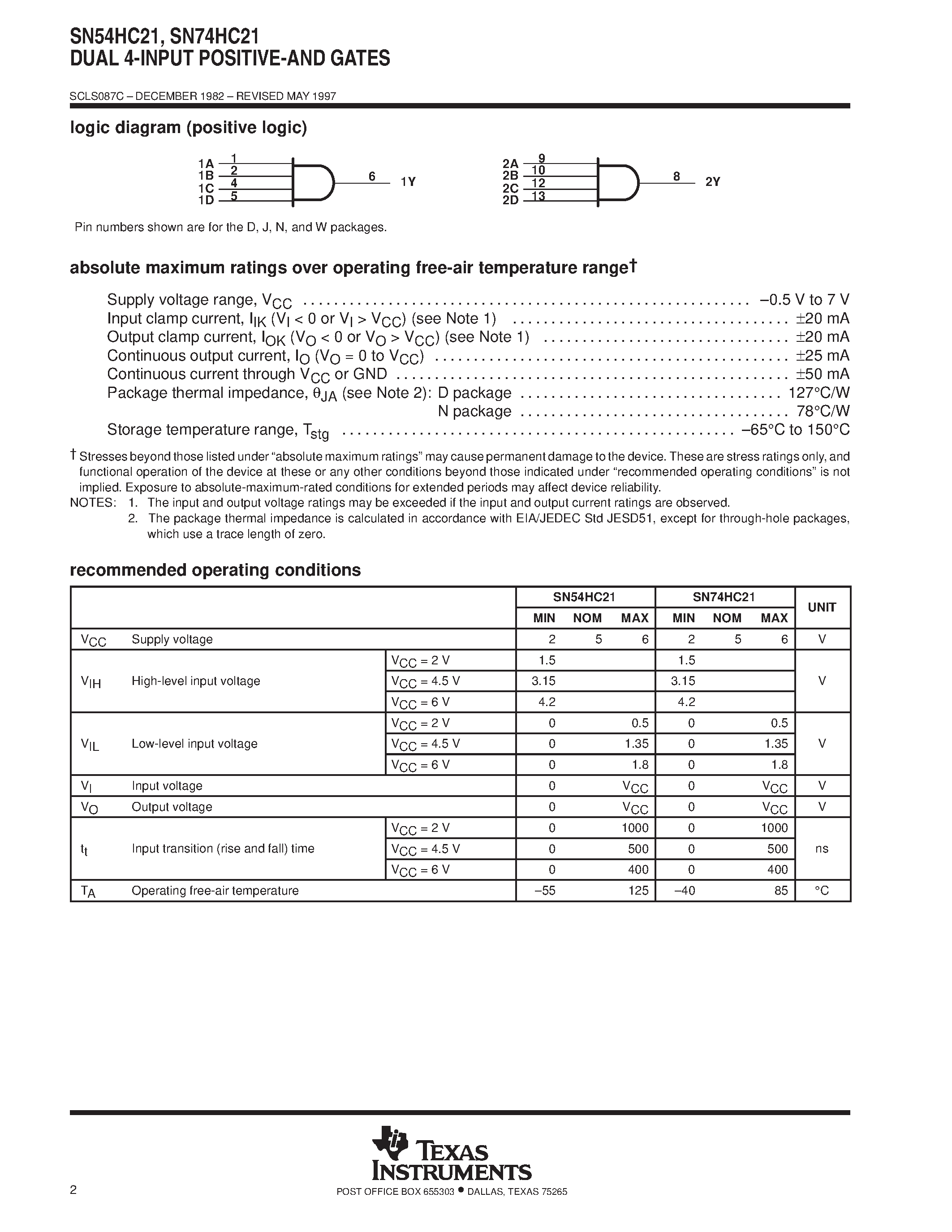 Datasheet SN74HC21 - DUAL 4-INPUT POSITIVE-AND GATES page 2