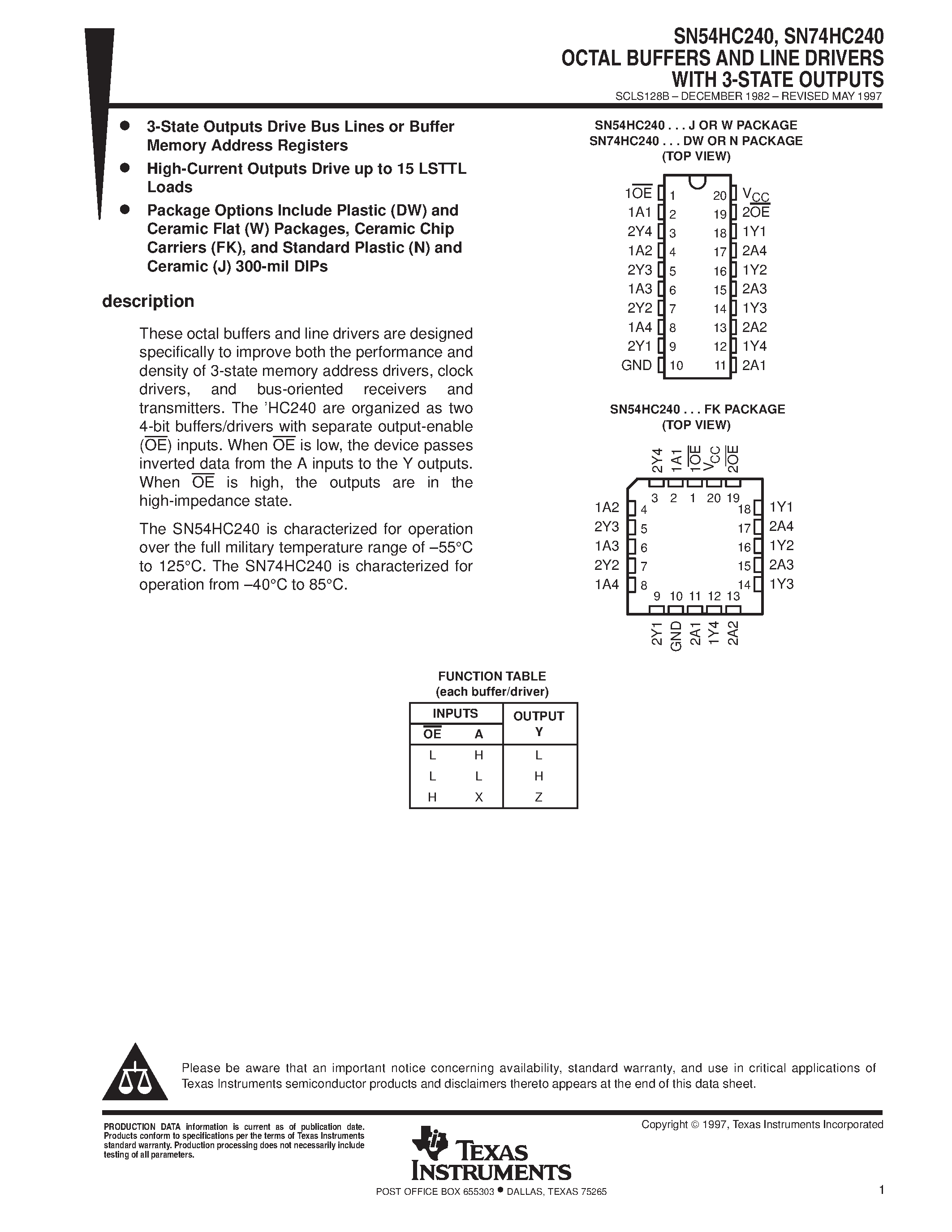 Datasheet SN74HC240 page 1 Datasheet SN74HC240 - OCTAL BUFFERS AND LINE DRIVERS WITH 3-STATE OUTPUTS page 1