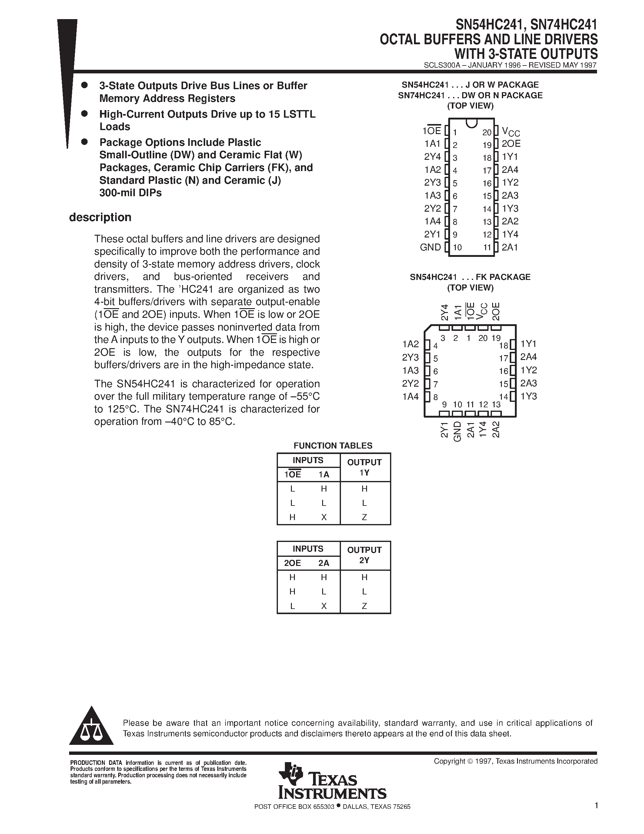 Datasheet SN74HC241 - OCTAL BUFFERS AND LINE DRIVERS WITH 3-STATE OUTPUTS page 1