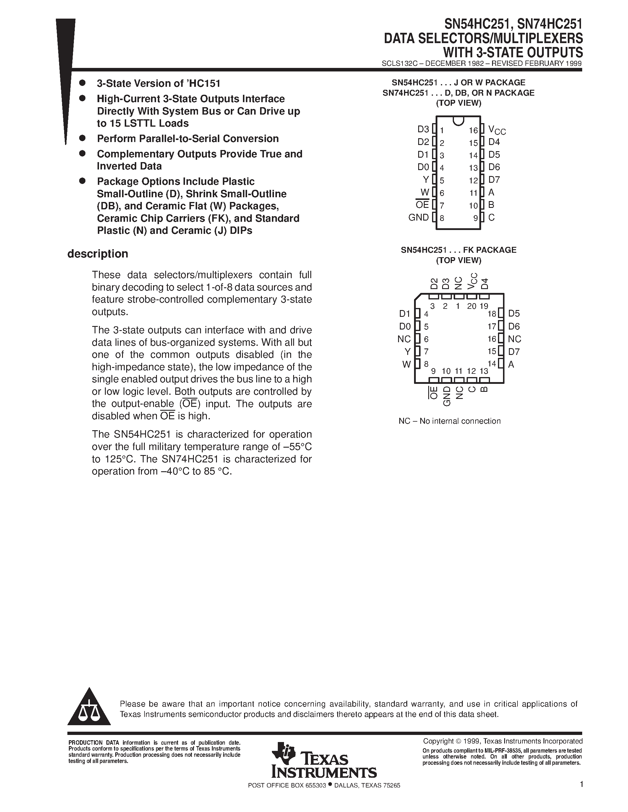 Datasheet SN74HC251 - DATA SELECTORS/MULTIPLEXERS WITH 3-STATE OUTPUTS page 1