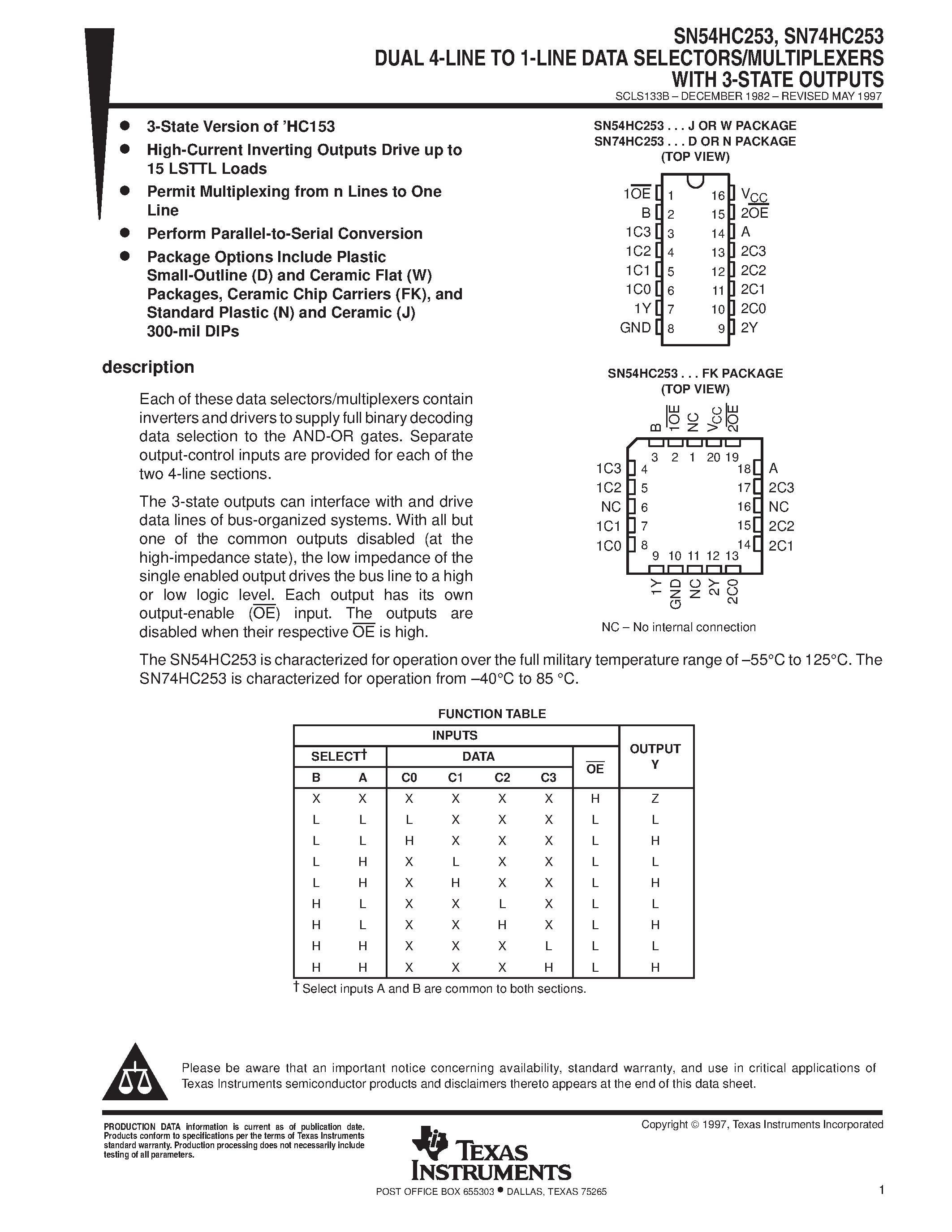 Datasheet SN74HC253 page 1 Datasheet SN74HC253 - DUAL 4-LINE TO 1-LINE DATA SELECTORS/MULTIPLEXERS WITH 3-STATE OUTPUTS page 1