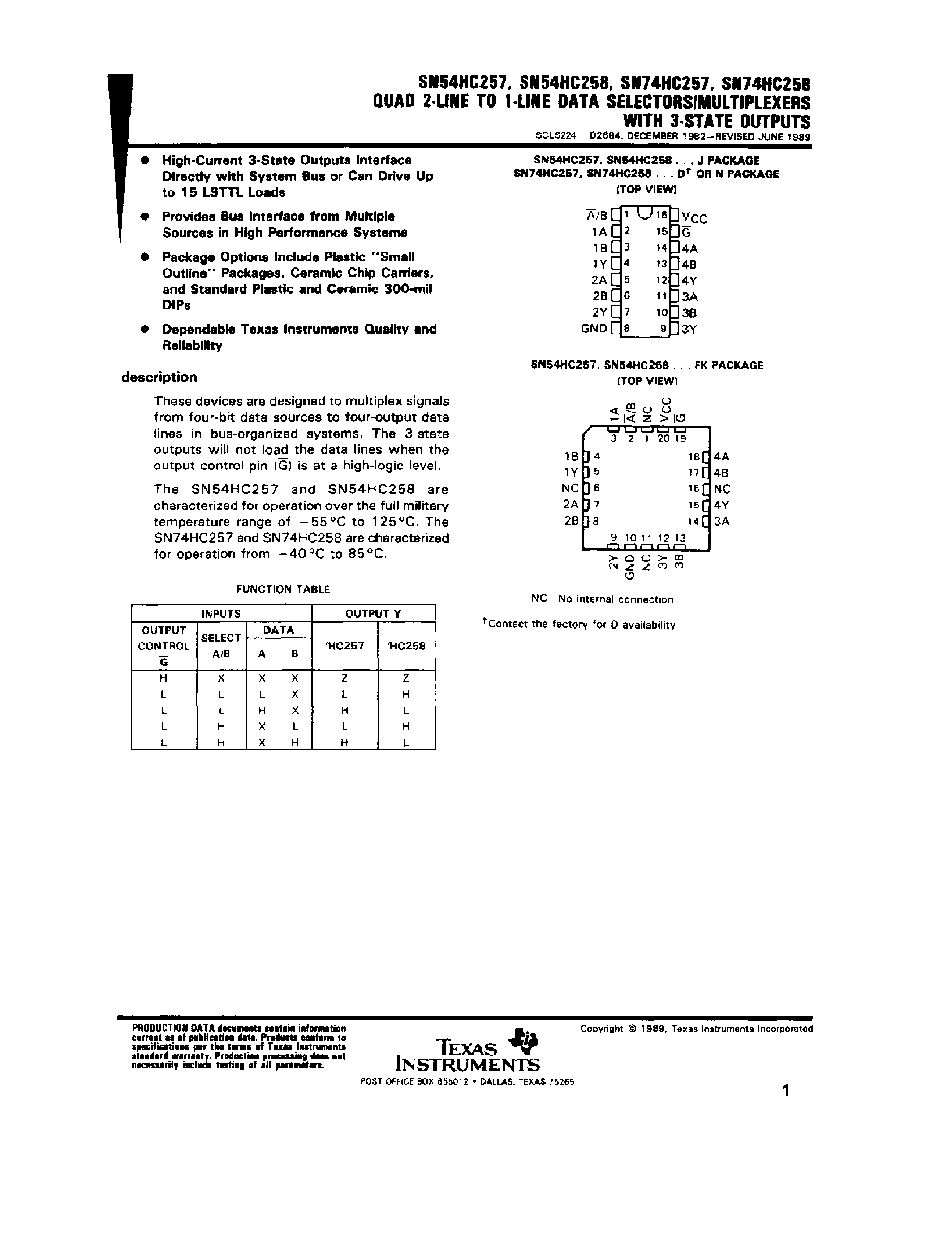 Datasheet SN74HC257 page 1 Datasheet SN74HC257 - QUAD 2-LINE TO 1-LINE DATA SELECTORS/MULTIPLEXERS WITH 3-STATE OUTPUTS page 1
