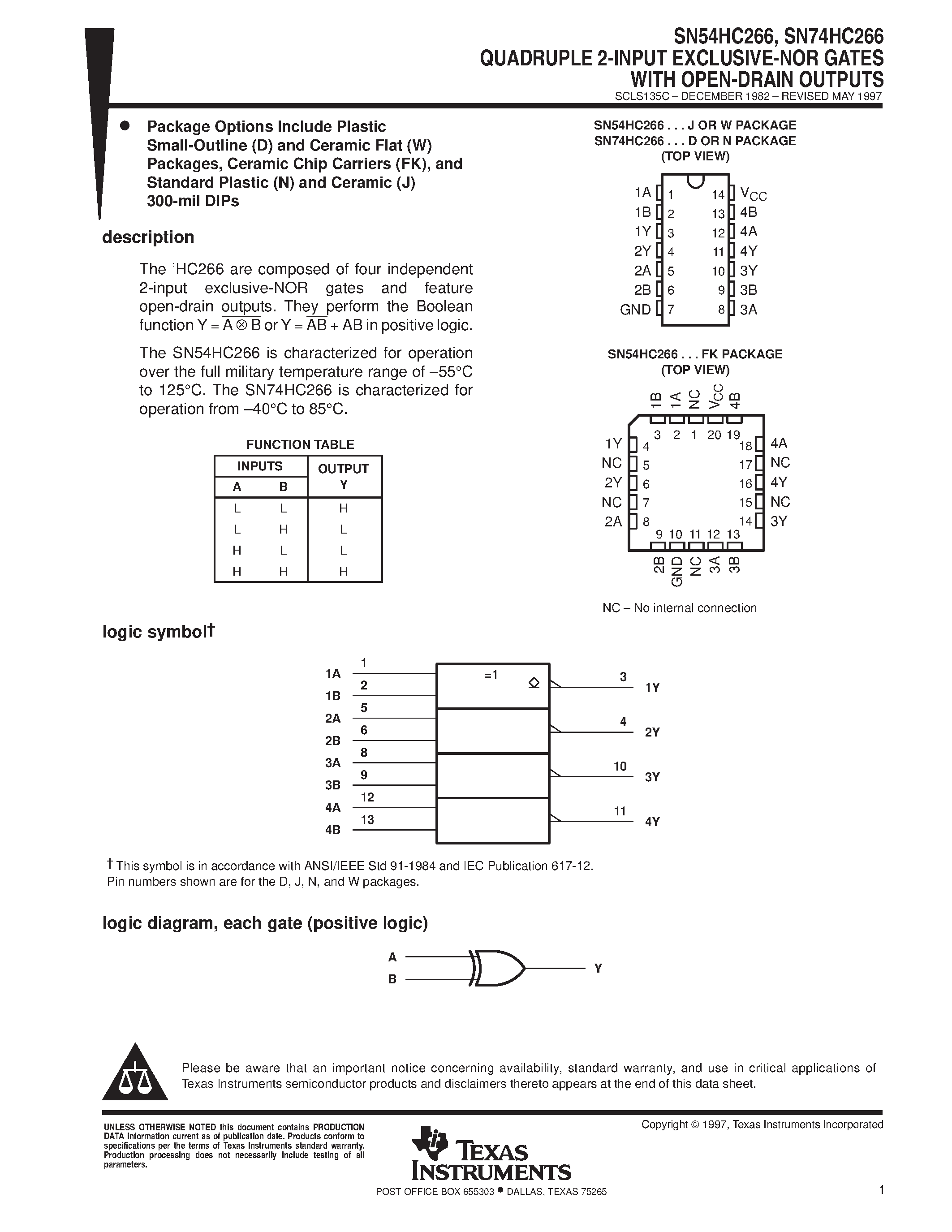 Datasheet SN74HC266 - QUADRUPLE 2-INPUT EXCLUSIVE-NOR GATES WITH OPEN-DRAIN OUTPUTS page 1