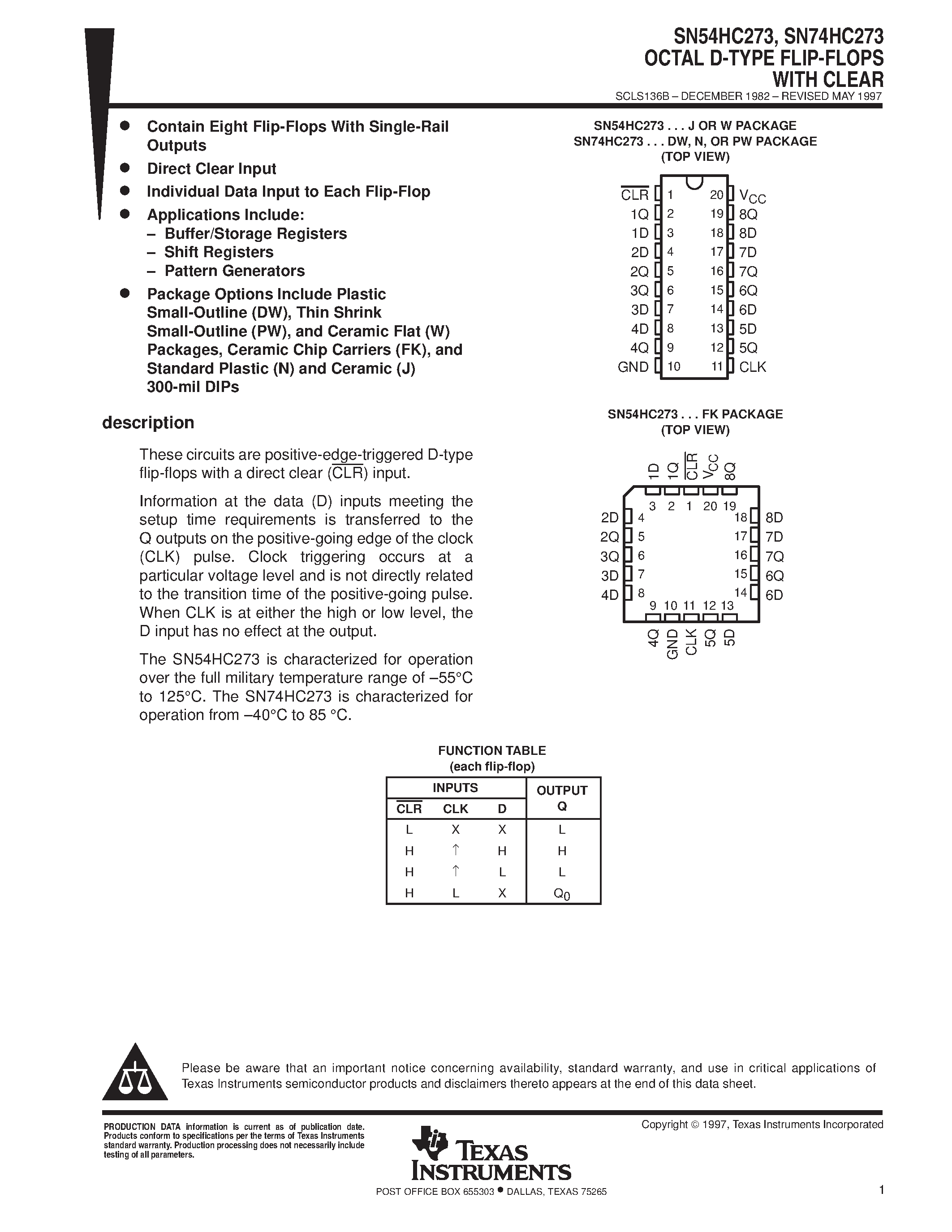 Datasheet SN74HC273 - OCTAL D-TYPE FLIP-FLOPS WITH CLEAR page 1