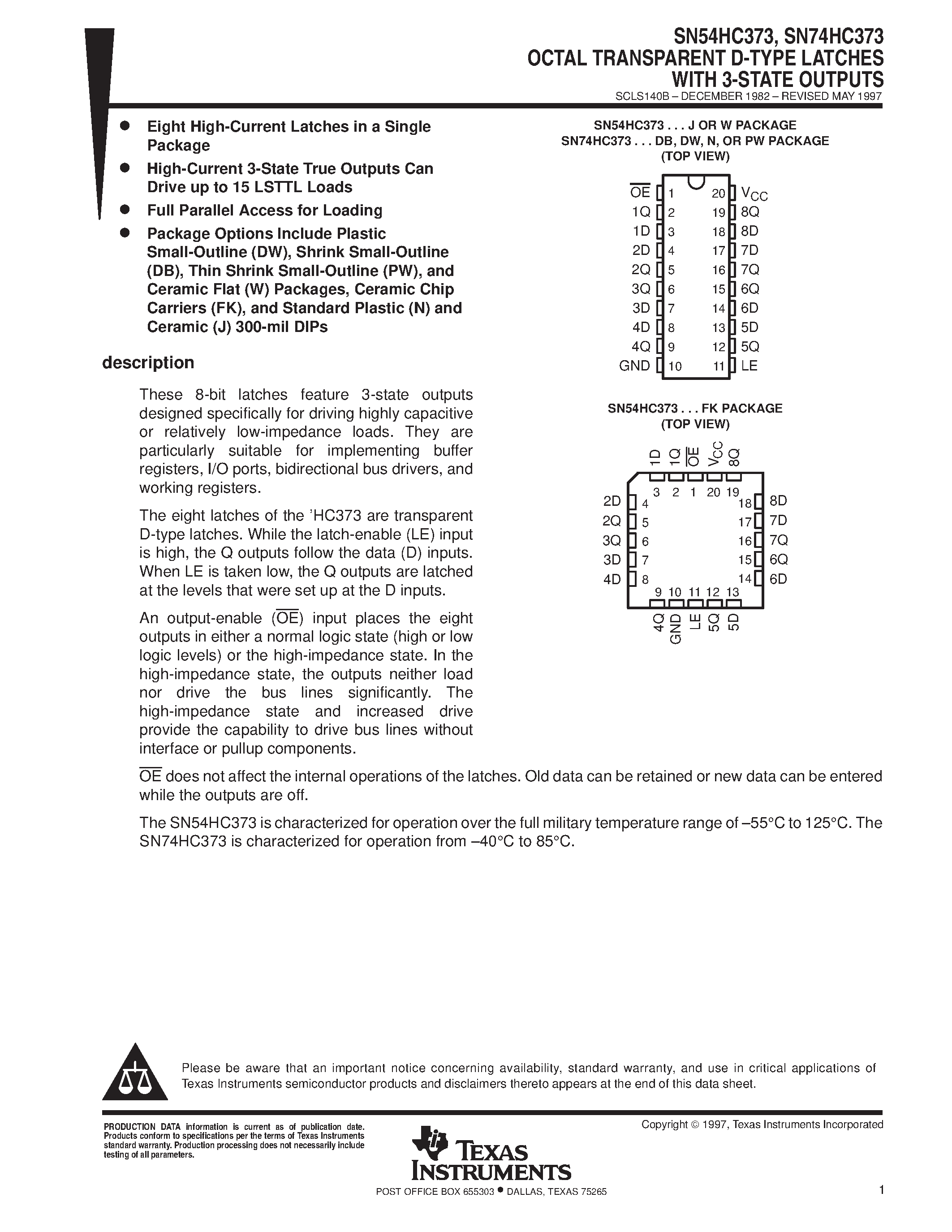 Datasheet SN74HC373 - OCTAL TRANSPARENT D-TYPE LATCHES WITH 3-STATE OUTPUTS page 1