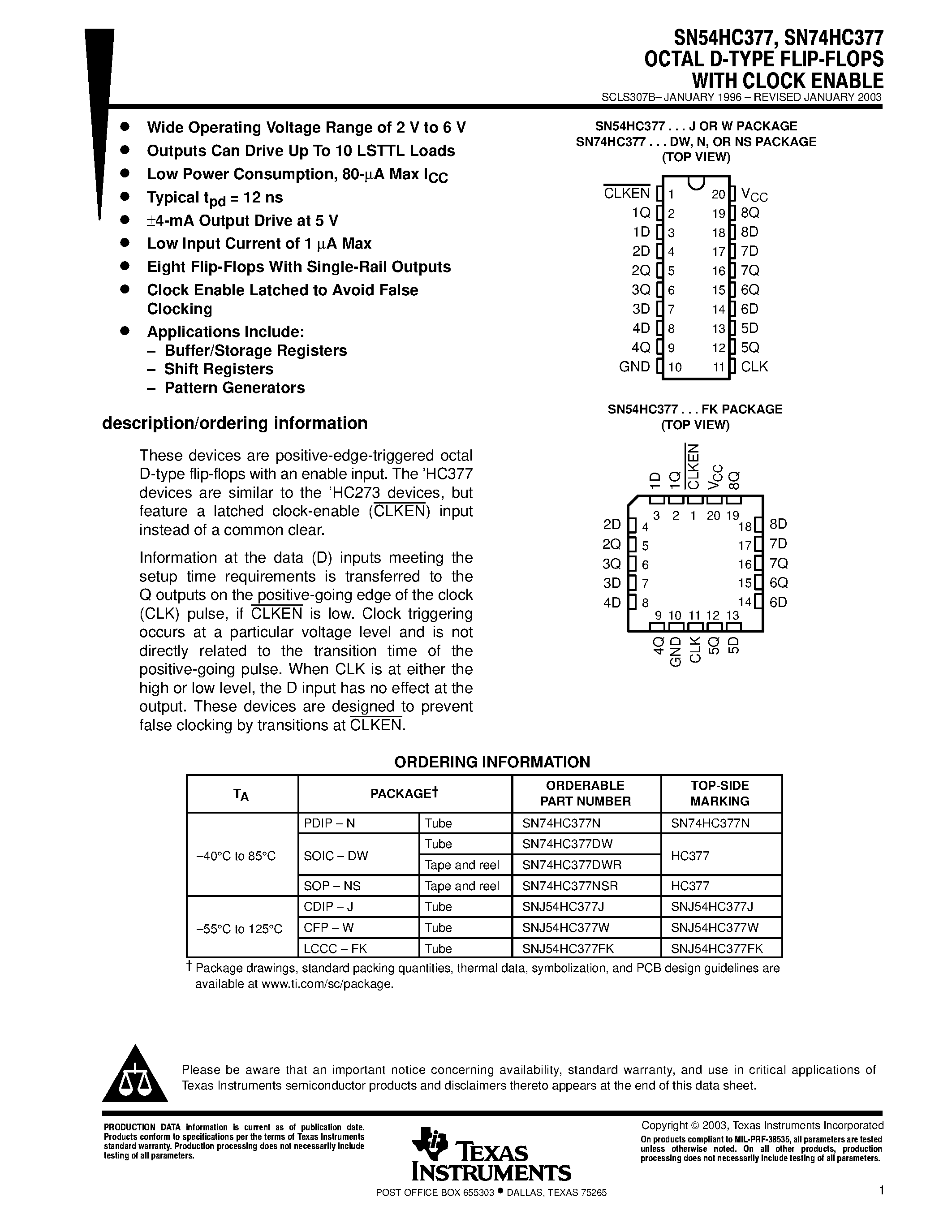 Datasheet SN74HC377 - OCTAL D-TYPE FLIP-FLOPS WITH CLOCK ENABLE page 1