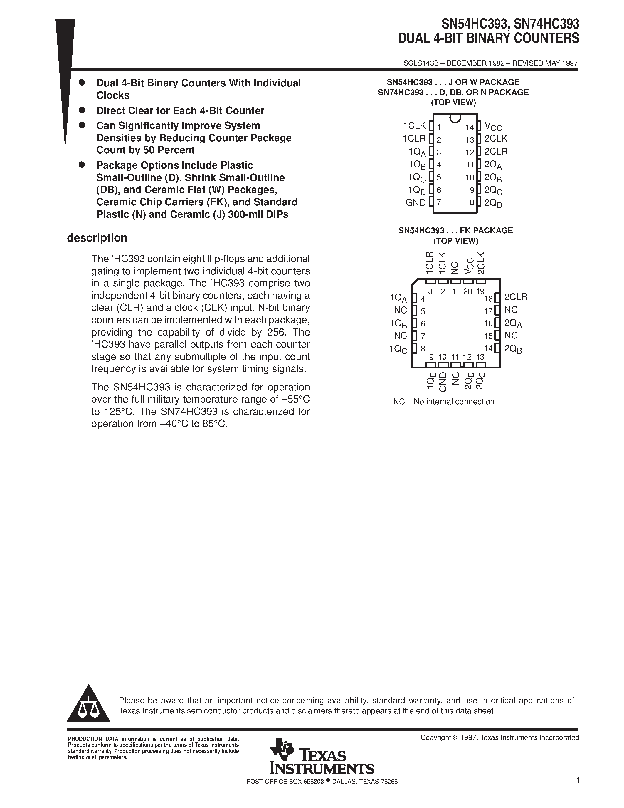 Datasheet SN74HC393 - DUAL 4-BIT BINARY COUNTERS page 1