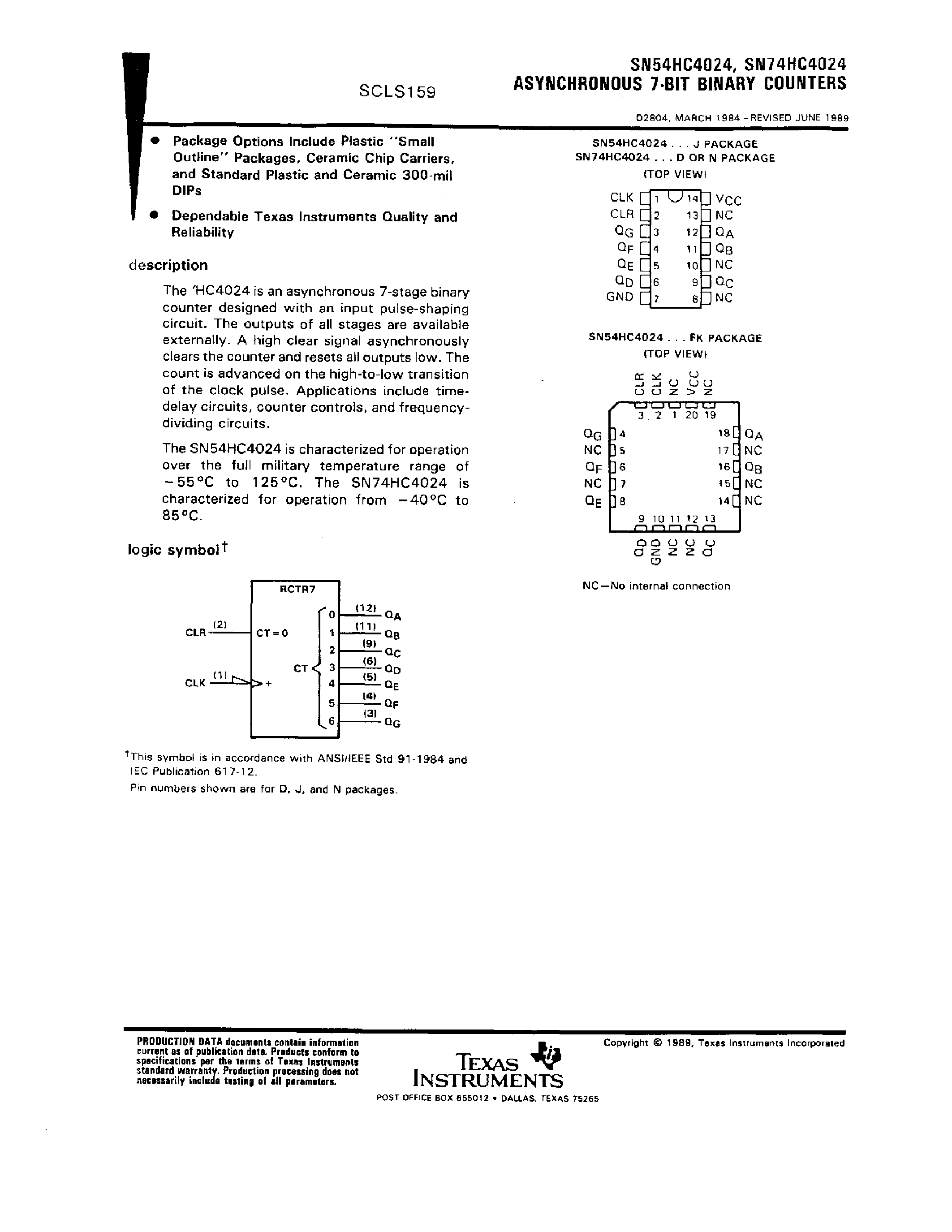 Datasheet SN74HC4024 page 1 Datasheet SN74HC4024 - ASYNCHRONOUS 7-BIT BINARY COUNTERS page 1