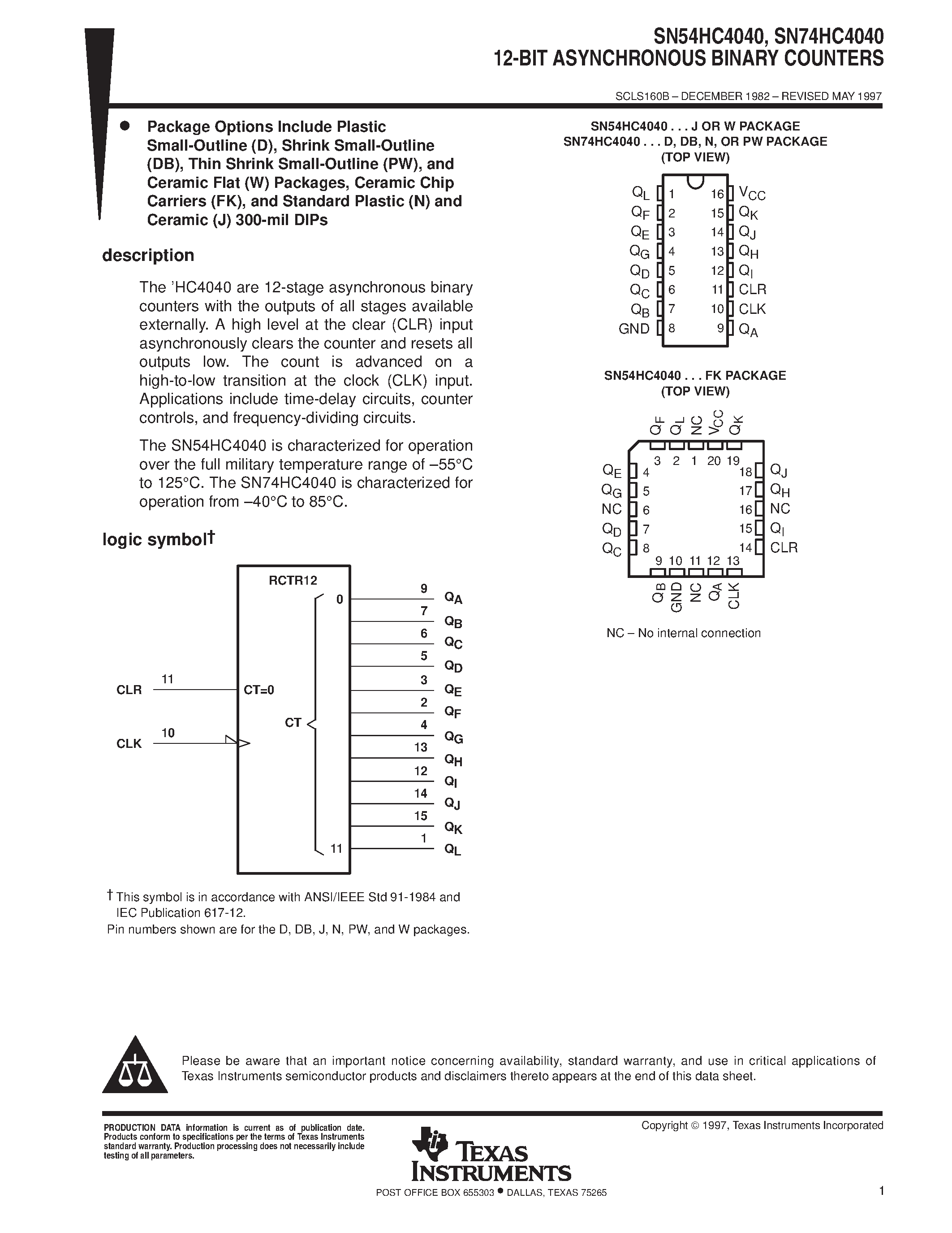 Datasheet SN74HC4040 - 12-BIT ASYNCHRONOUS BINARY COUNTERS page 1