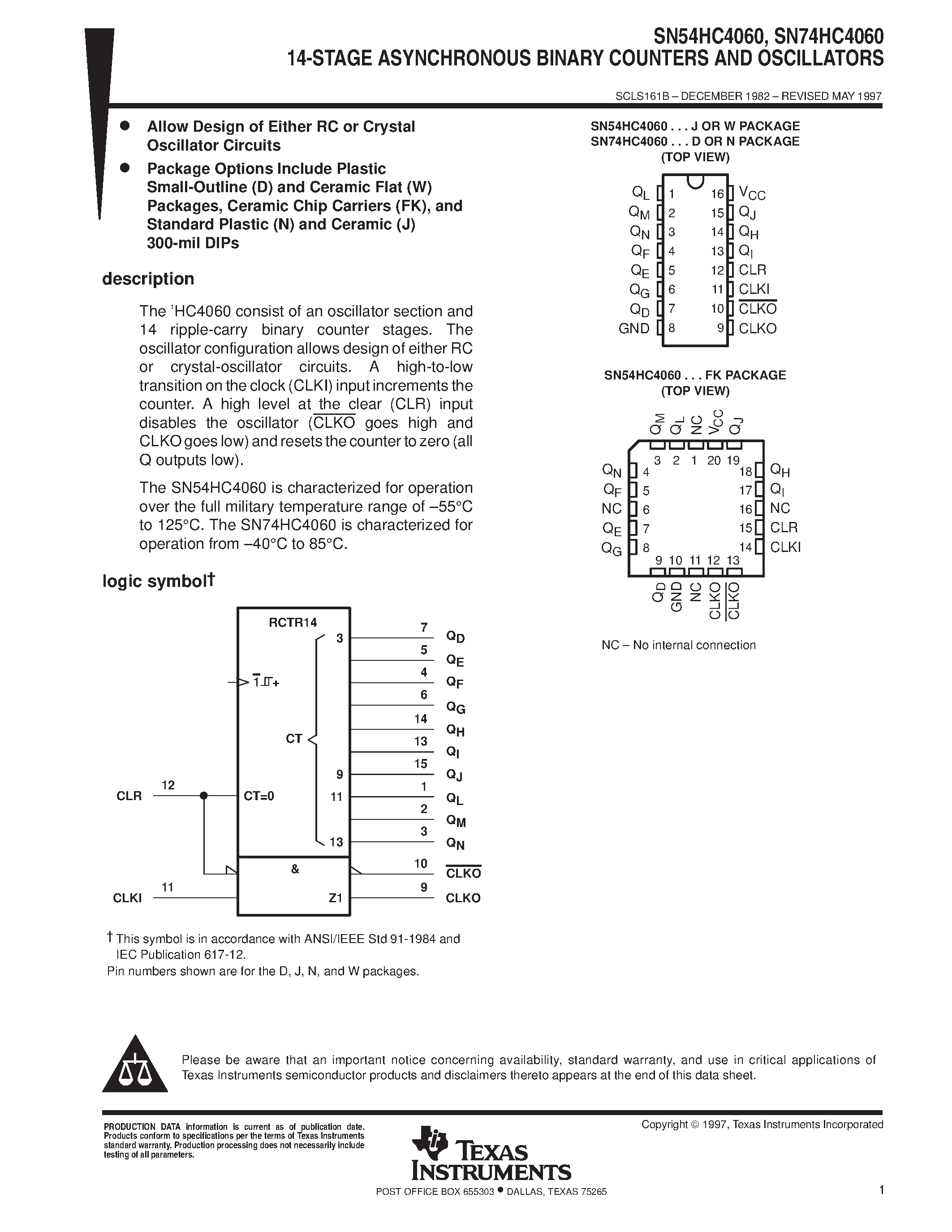 Datasheet SN74HC4060 - 14-STAGE ASYNCHRONOUS BINARY COUNTERS AND OSCILLATORS page 1