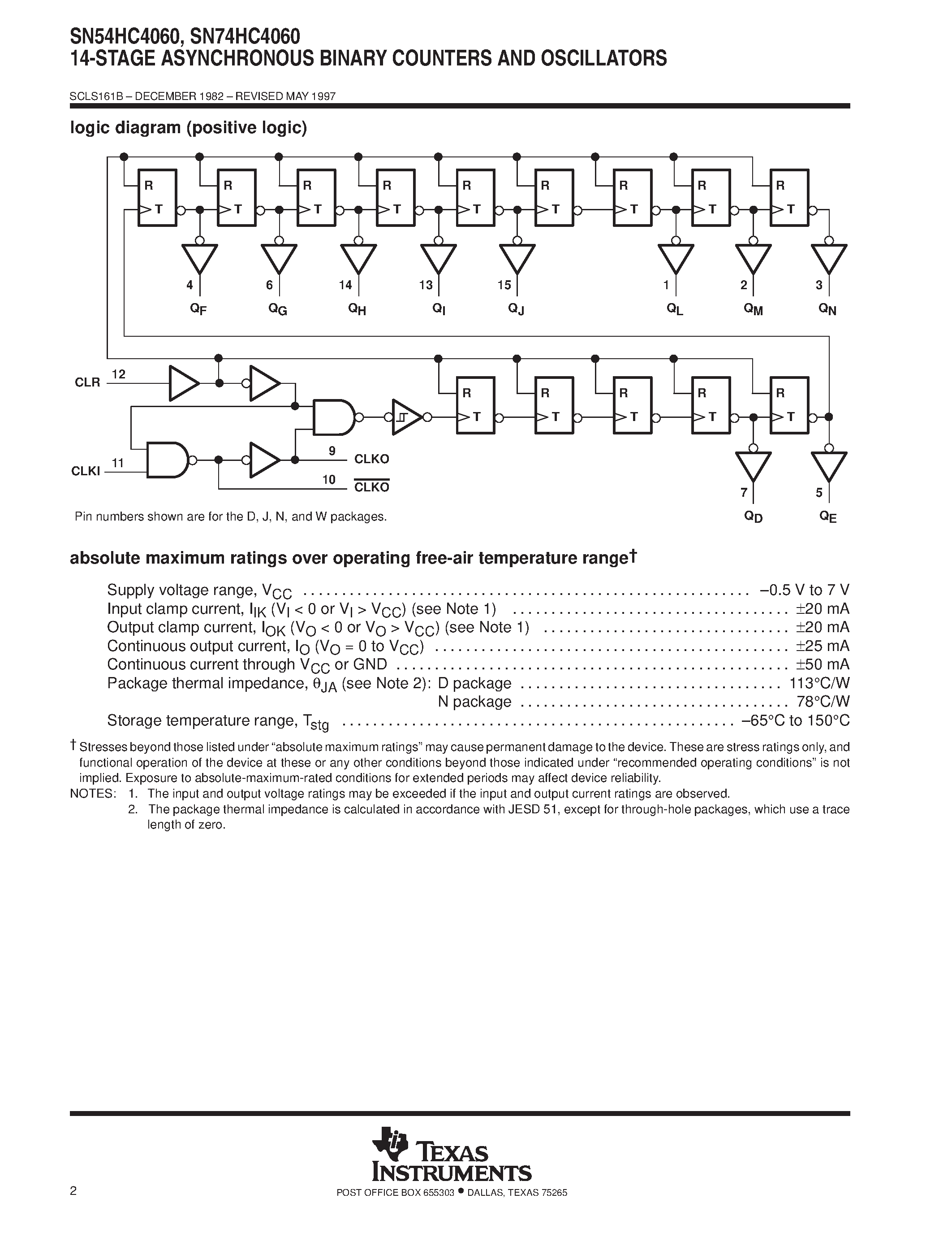 Datasheet SN74HC4060 - 14-STAGE ASYNCHRONOUS BINARY COUNTERS AND OSCILLATORS page 2