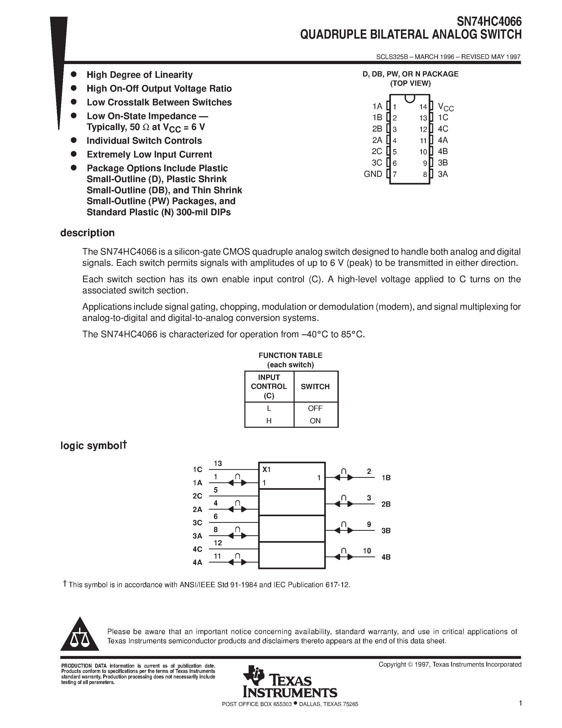 Datasheet SN74HC4066 - QUADRUPLE BILATERAL ANALOG SWITCH page 1