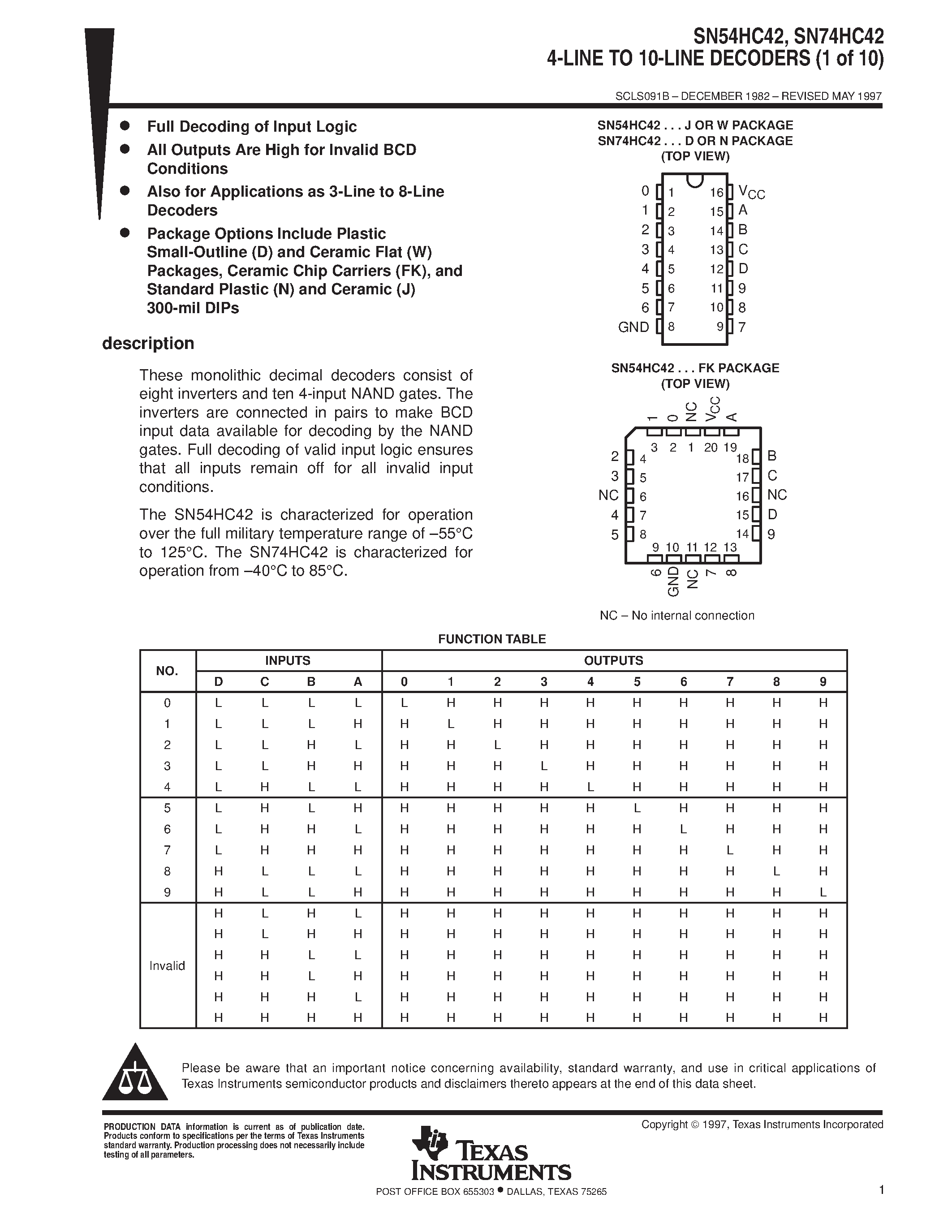 Datasheet SN74HC42 - 4-LINE TO 10-LINE DECODERS 1 of 10 page 1