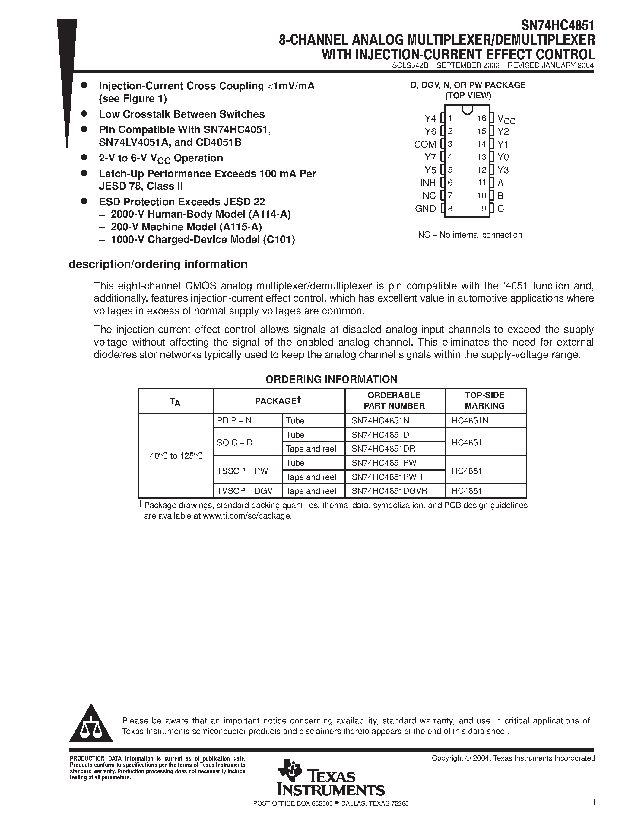 Datasheet SN74HC4851 - 8 CHANNEL ANALOG MULTIPLEXER/DEMUILTIPLEXER WITH INJECTION CURRENT EFFECT CONTROL page 1