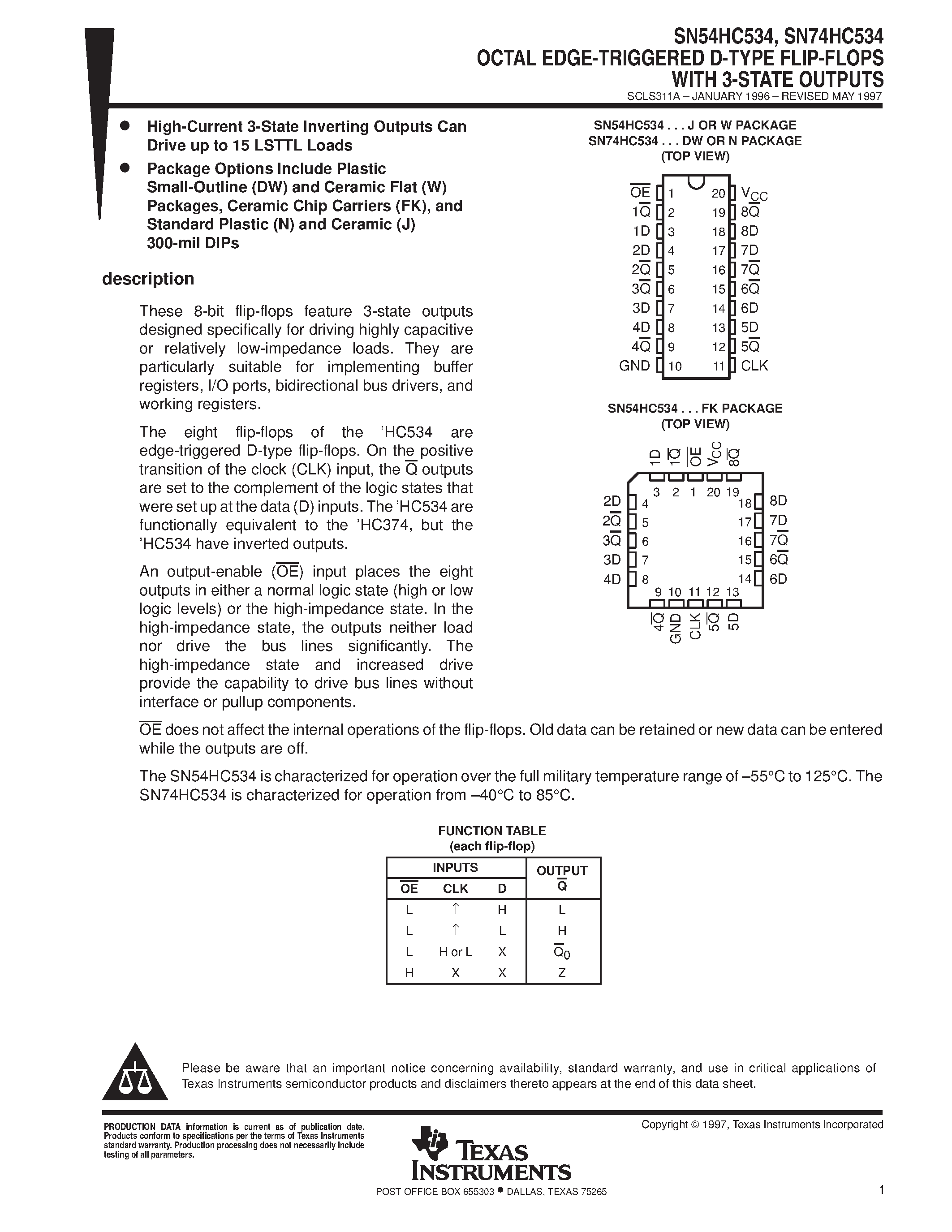 Datasheet SN74HC534 page 1 Datasheet SN74HC534 - OCTAL EDGE-TRIGGERED D-TYPE FLIP-FLOPS WITH 3-STATE OUTPUTS page 1
