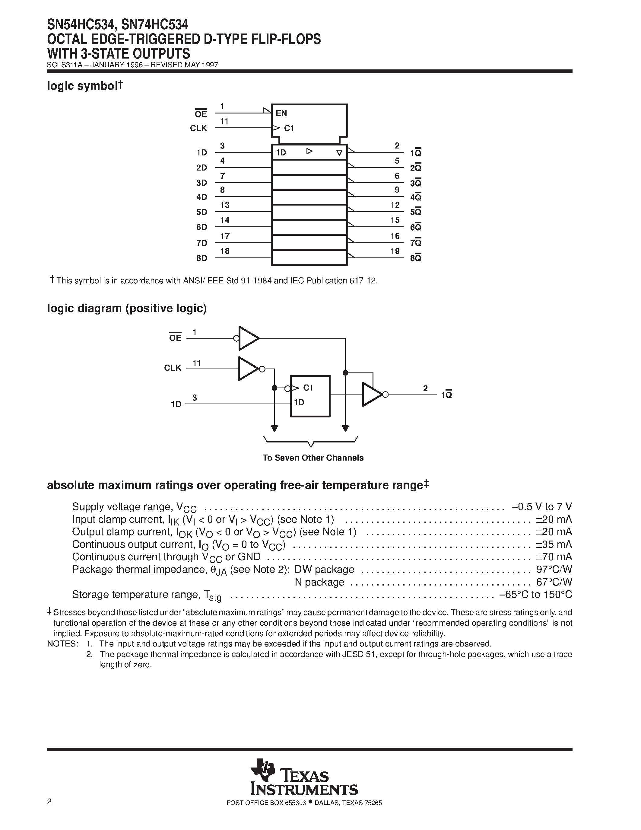 Datasheet SN74HC534 page 2 Datasheet SN74HC534 - OCTAL EDGE-TRIGGERED D-TYPE FLIP-FLOPS WITH 3-STATE OUTPUTS page 2