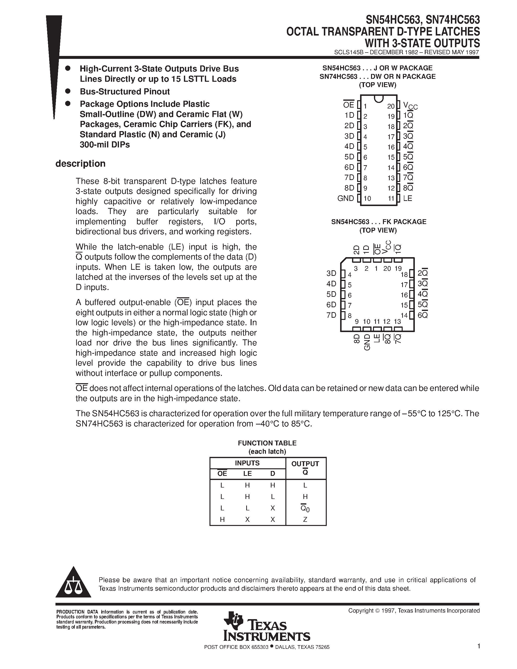 Datasheet SN74HC563 - OCTAL TRANSPARENT D-TYPE LATCHES WITH 3-STATE OUTPUTS page 1