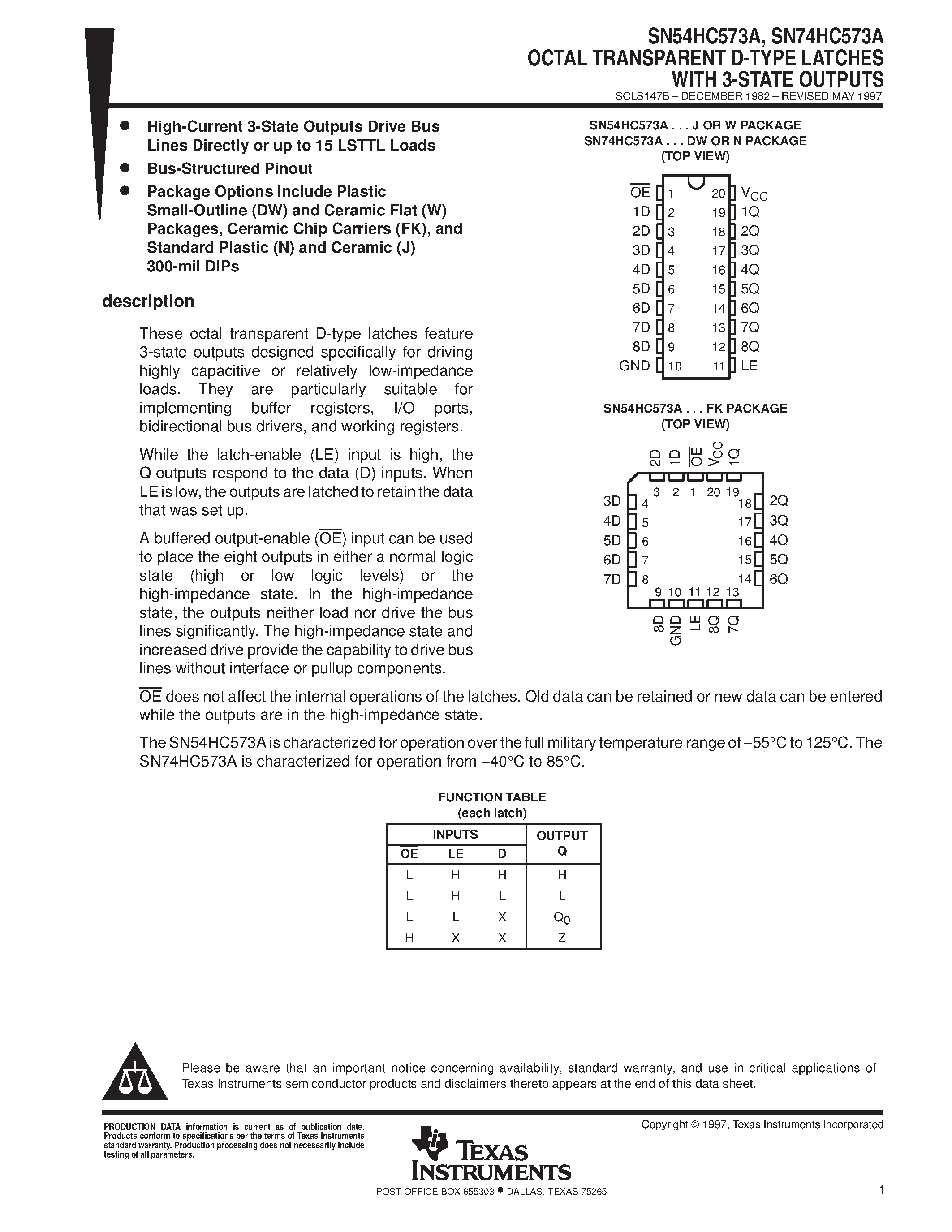 Datasheet SN74HC573A - OCTAL TRANSPARENT D-TYPE LATCHES WITH 3-STATE OUTPUTS page 1