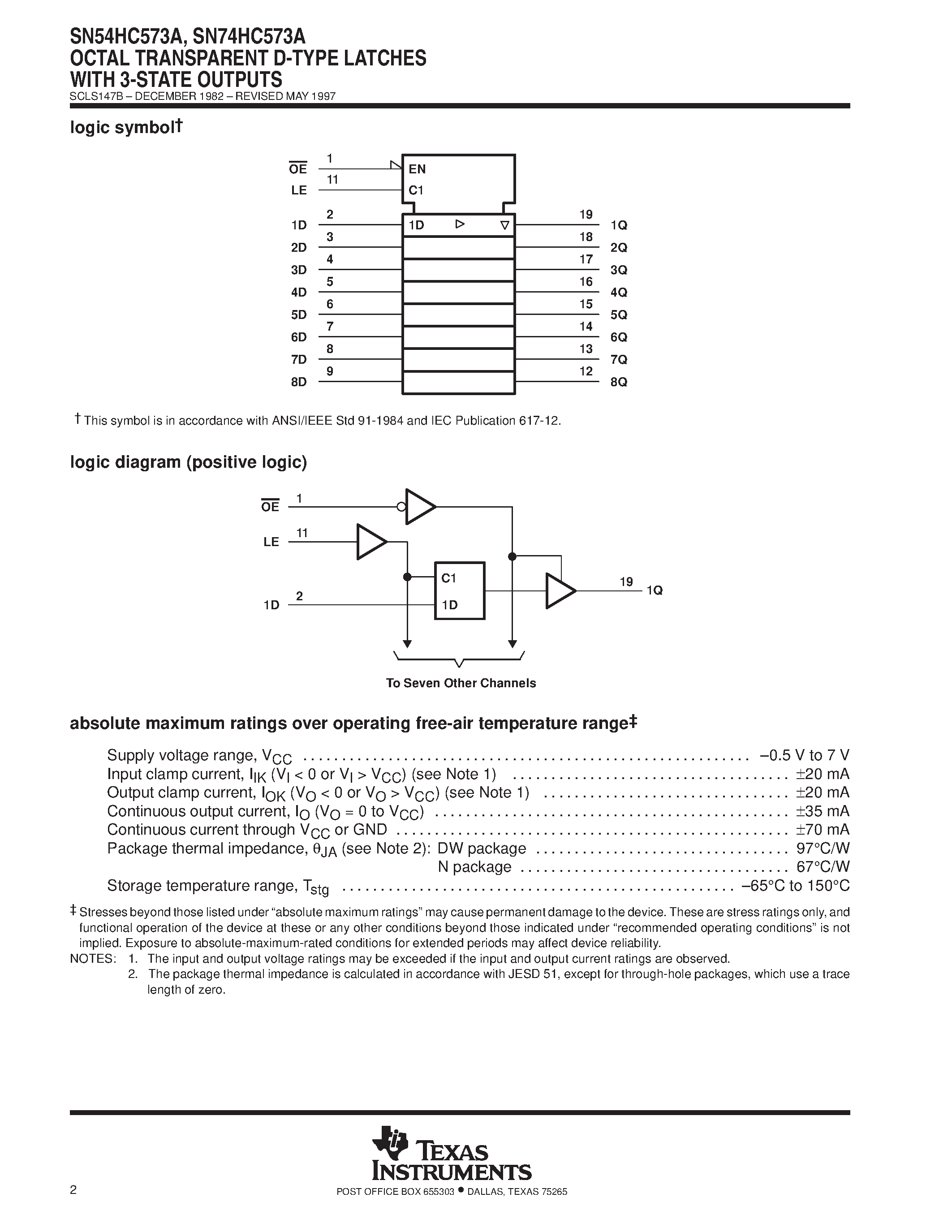 Datasheet SN74HC573A - OCTAL TRANSPARENT D-TYPE LATCHES WITH 3-STATE OUTPUTS page 2