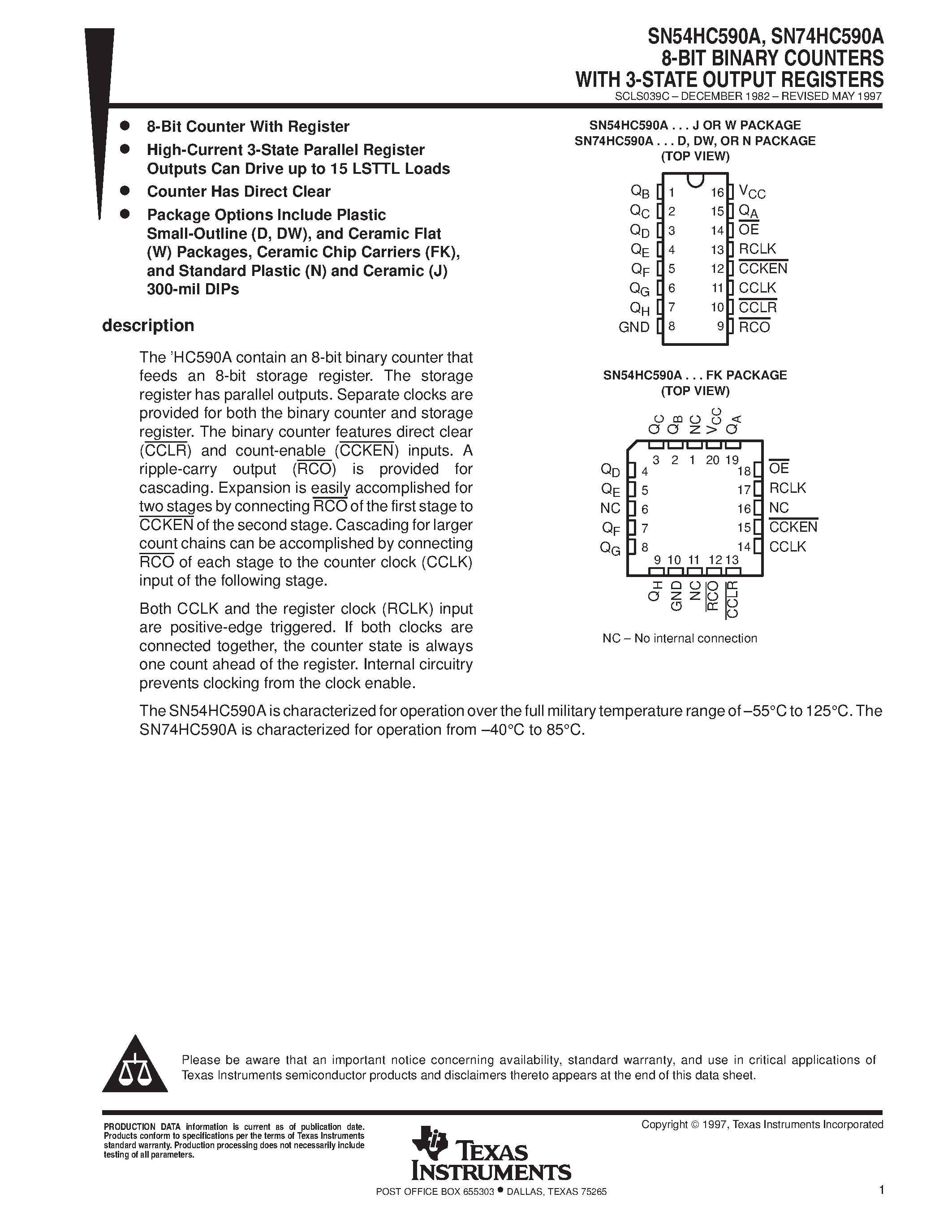 Datasheet SN74HC590A - 8-BIT BINARY COUNTERS WITH 3-STATE OUTPUT REGISTERS page 1