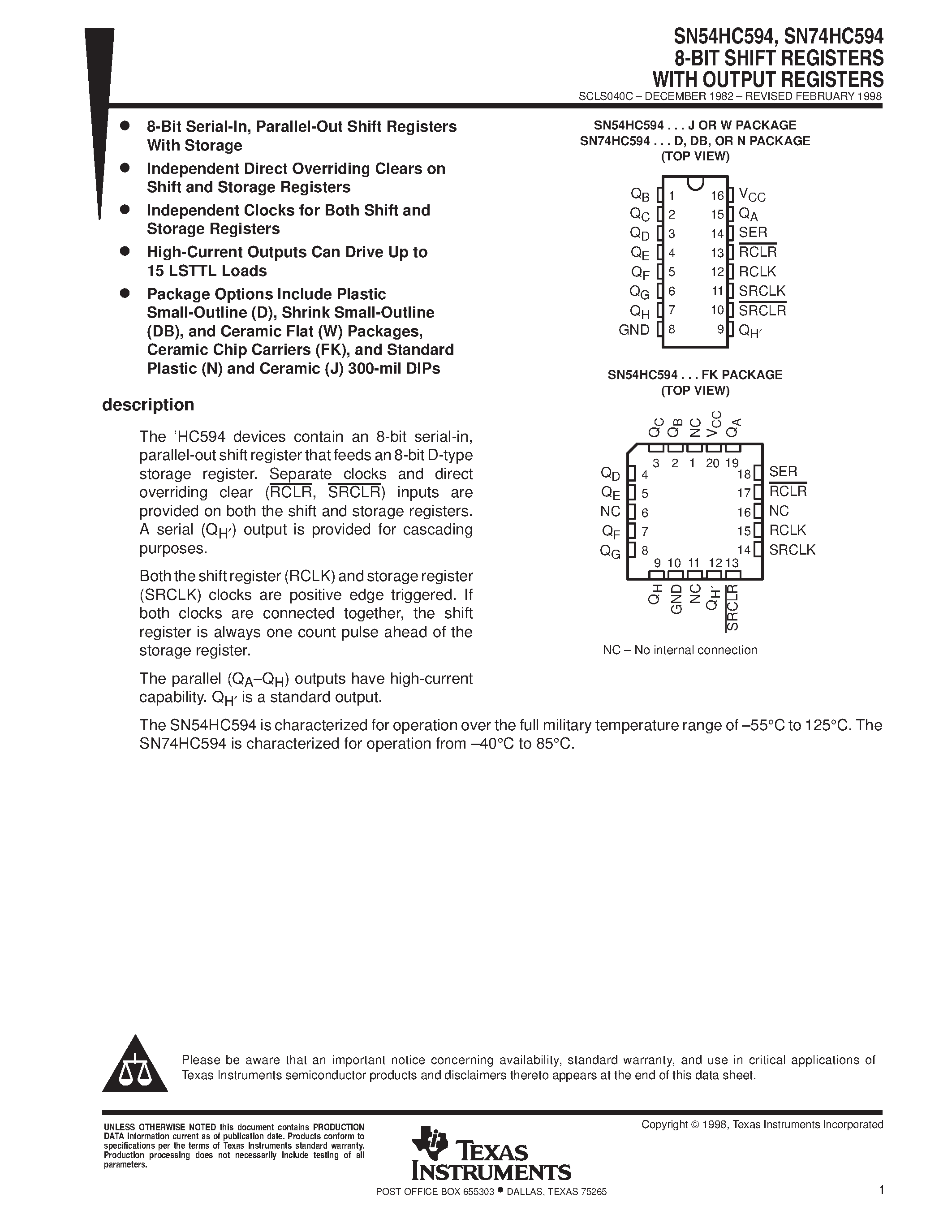 Datasheet SN74HC594 - 8-BIT SHIFT REGISTERS WITH OUTPUT REGISTERS page 1