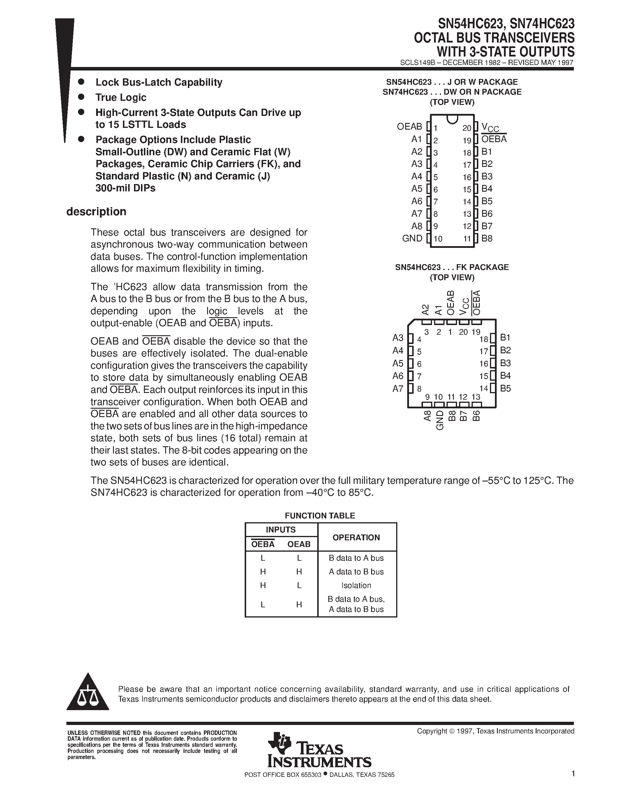Datasheet SN74HC623 - OCTAL BUS TRANSCEIVERS WITH 3-STATE OUTPUTS page 1