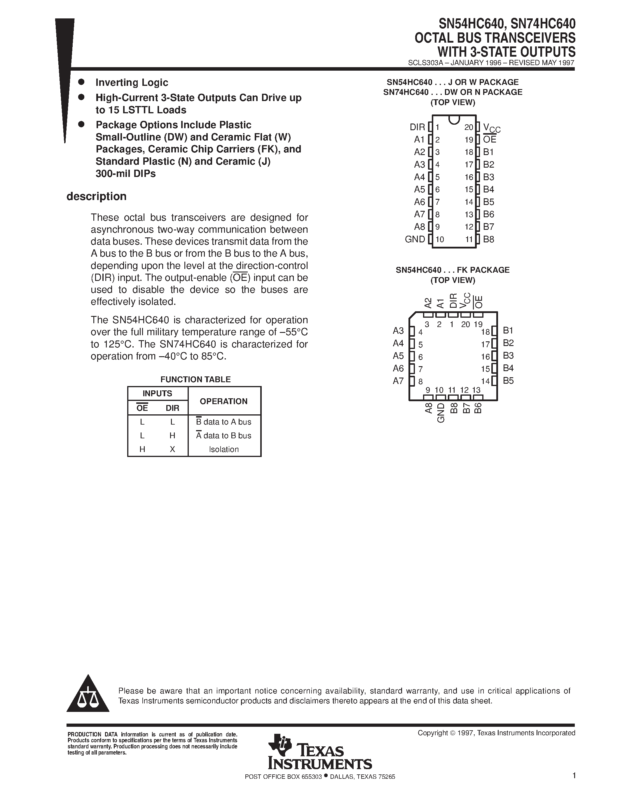 Datasheet SN74HC640 - OCTAL BUS TRANSCEIVERS WITH 3-STATE OUTPUTS page 1