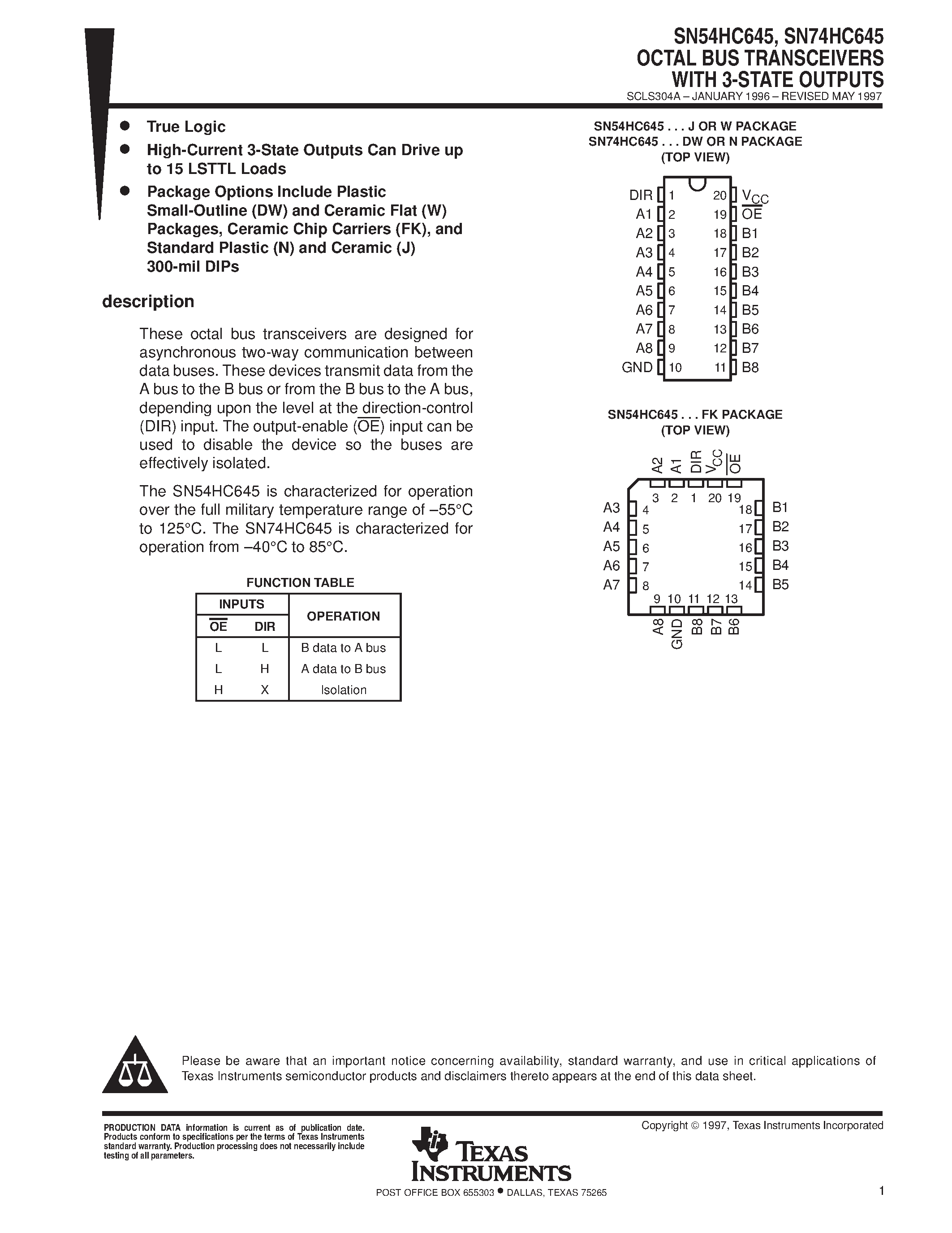 Datasheet SN74HC645 - OCTAL BUS TRANSCEIVERS WITH 3-STATE OUTPUTS page 1