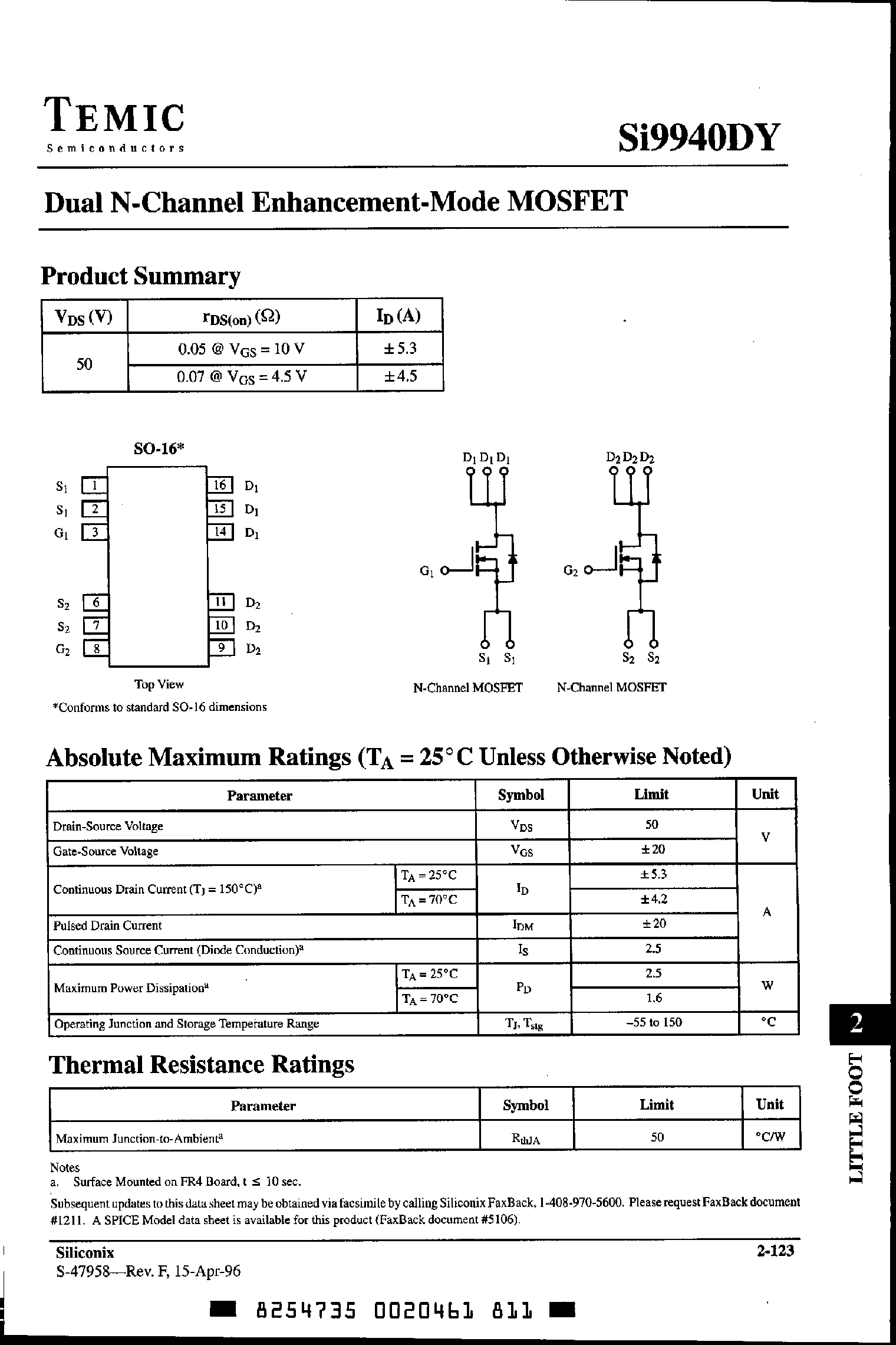Datasheet SI9940DY - Dual N-Channel Enhancement Mode MOSFET page 1