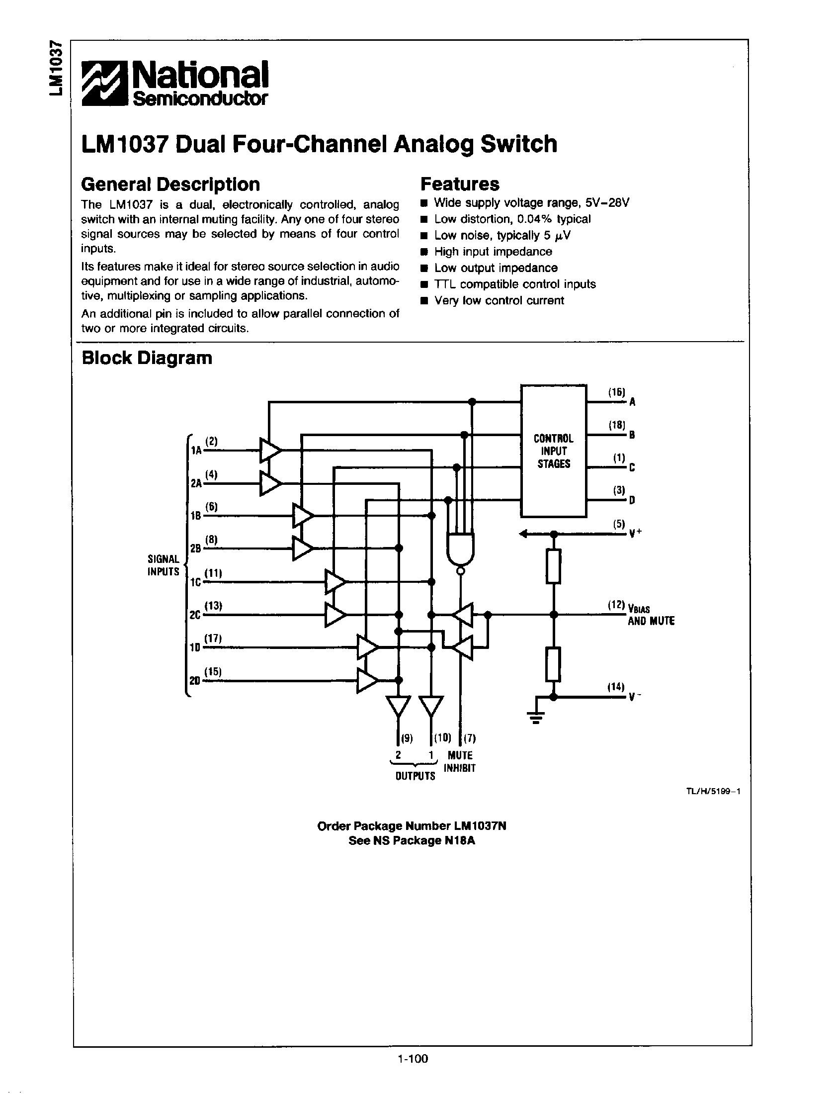 Даташит LM1037 - Dual Four-Channel Analog Switch страница 1