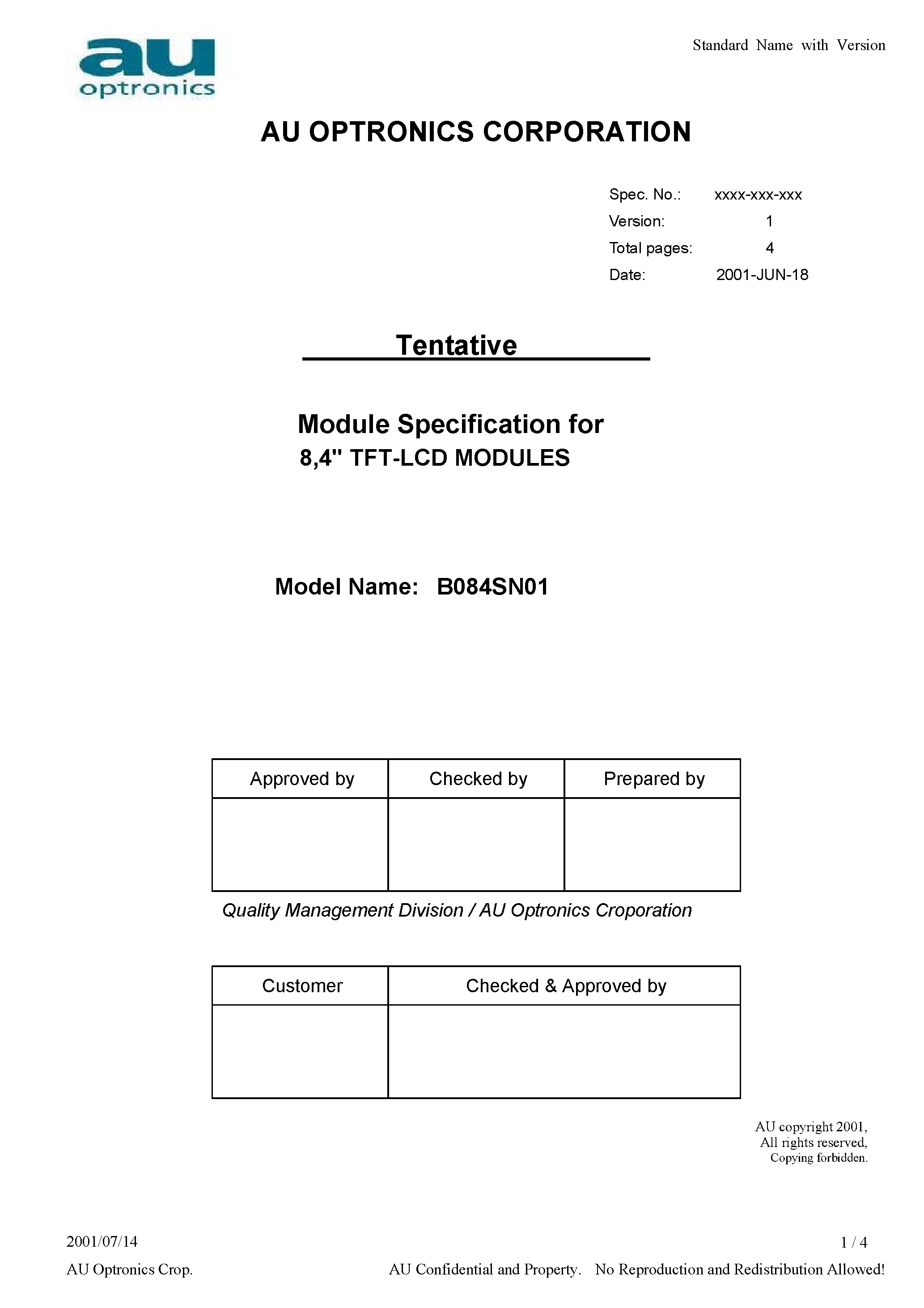 Datasheet B084SN01 - Module Specification for 8.4 Inch TFT LCD Modules page 1