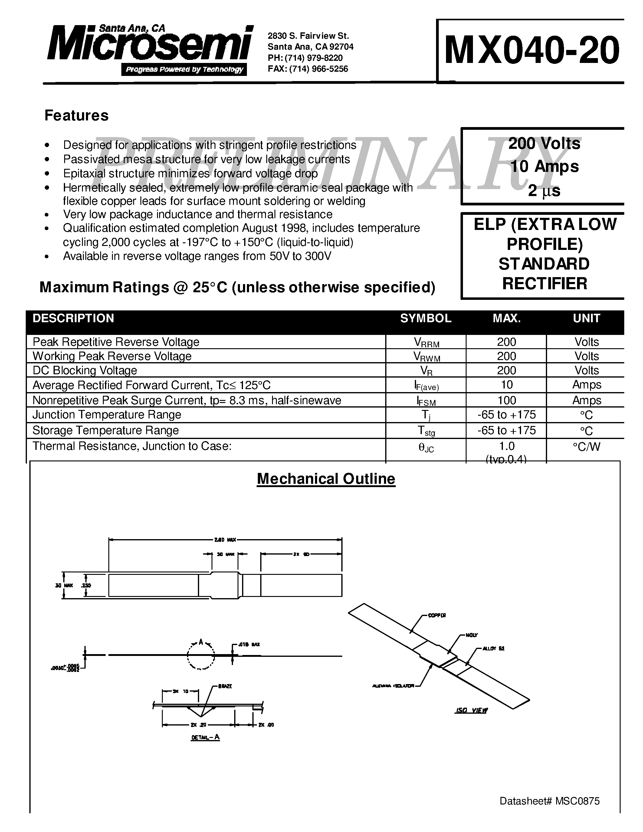Даташит MX040-20 - ELP EXTRA LOW PROFILE STANDARD RECTIFIER страница 1