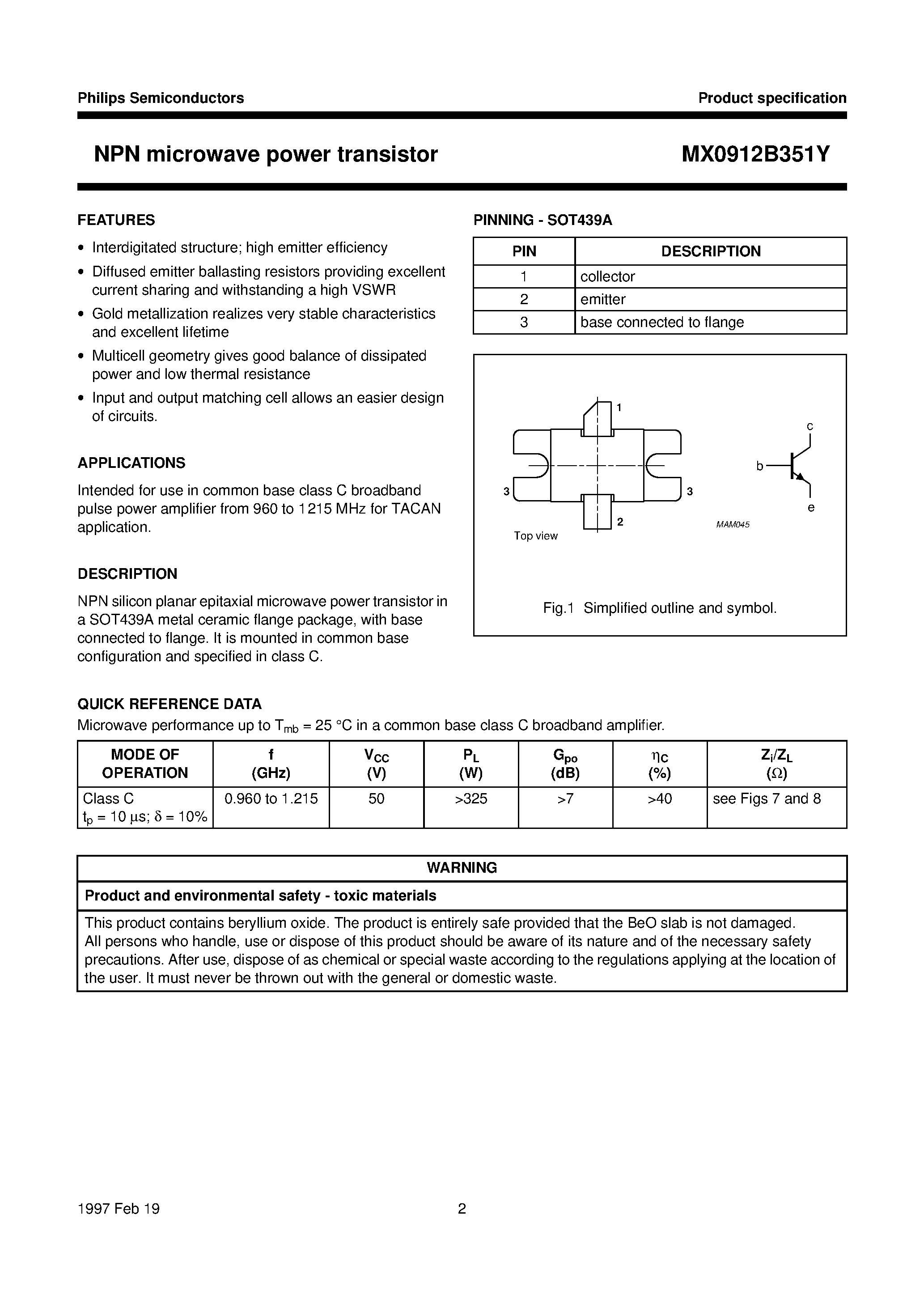 Datasheet MX0912B351Y - NPN microwave power transistors page 2