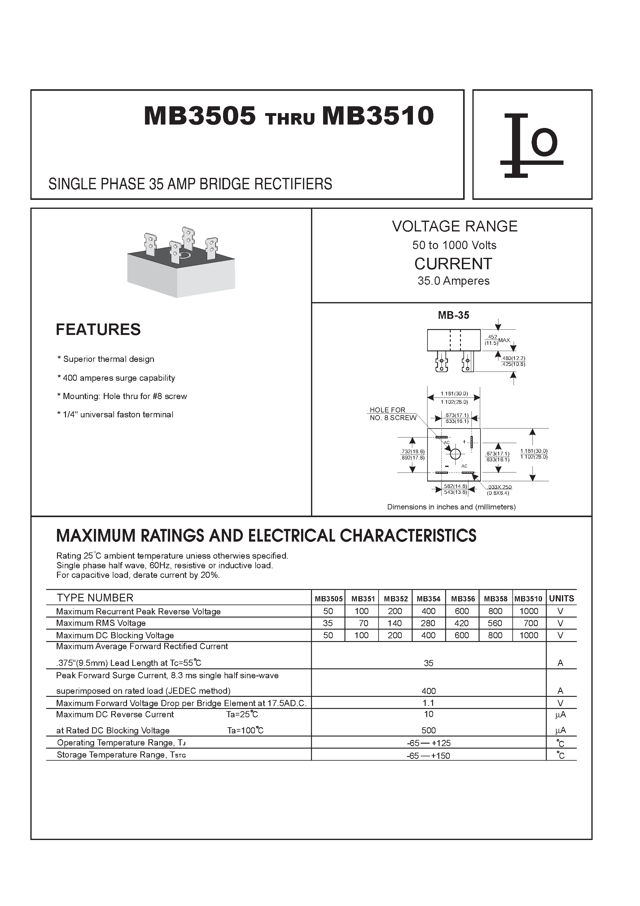 Datasheet MB3505 page 1 Datasheet MB3505 - SINGLE PHASE 35 AMP BRIDGE RECTIFIERS page 1