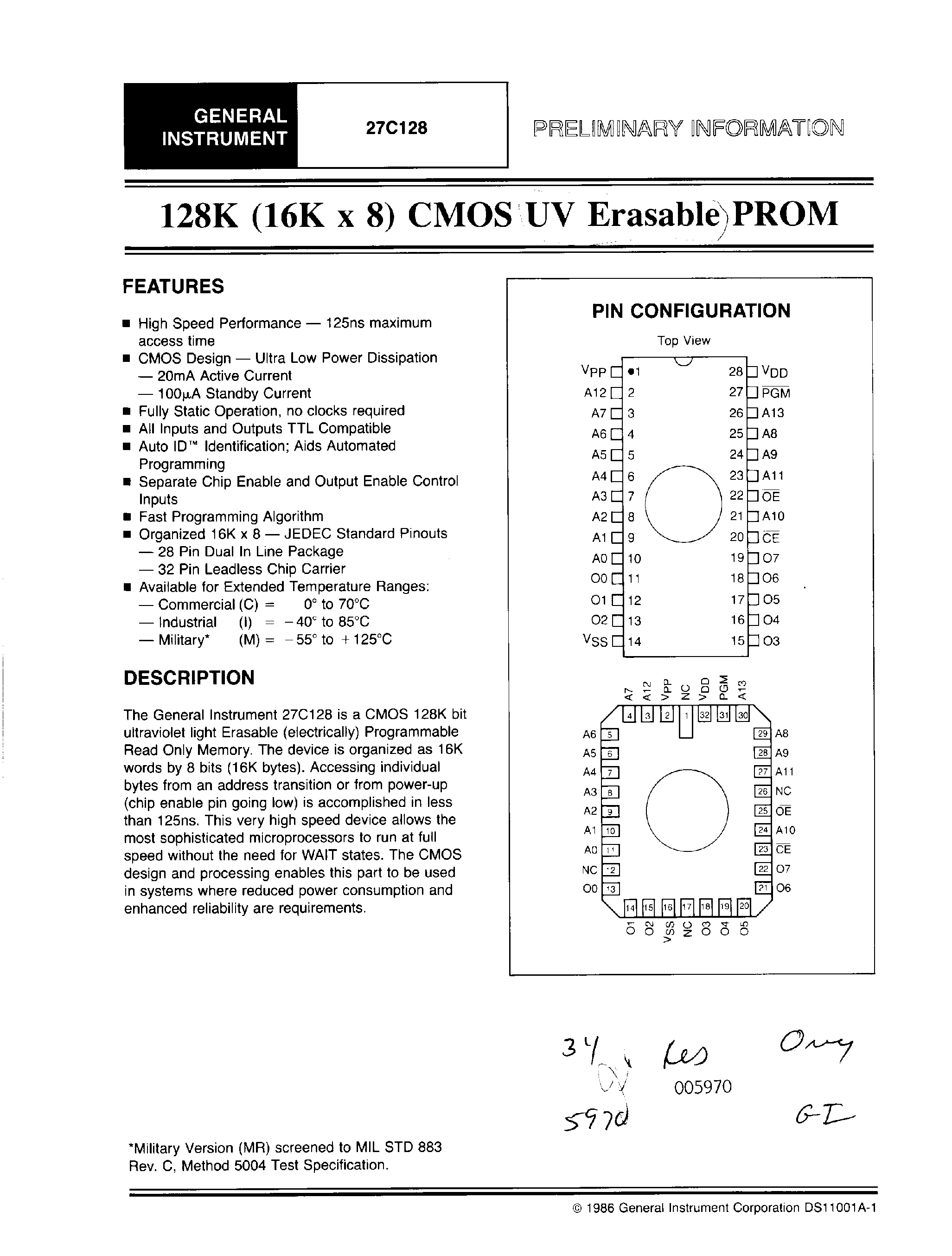Datasheet 27C128 - 128K (16K x 8) CMOS UV Erasable PROM page 1