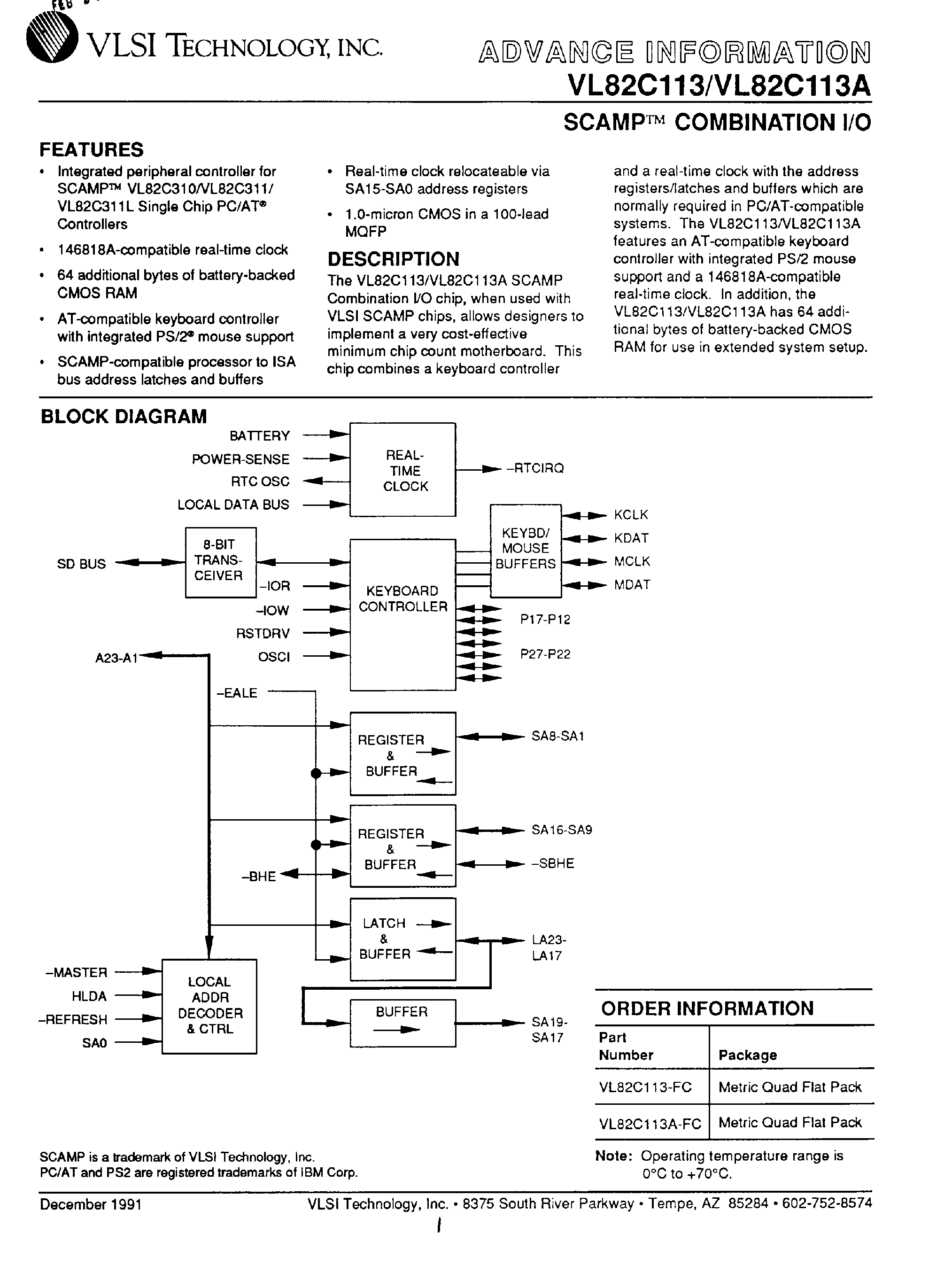 Datasheet VL82C113A page 1 Datasheet VL82C113A - SCAMP Combination I/O page 1