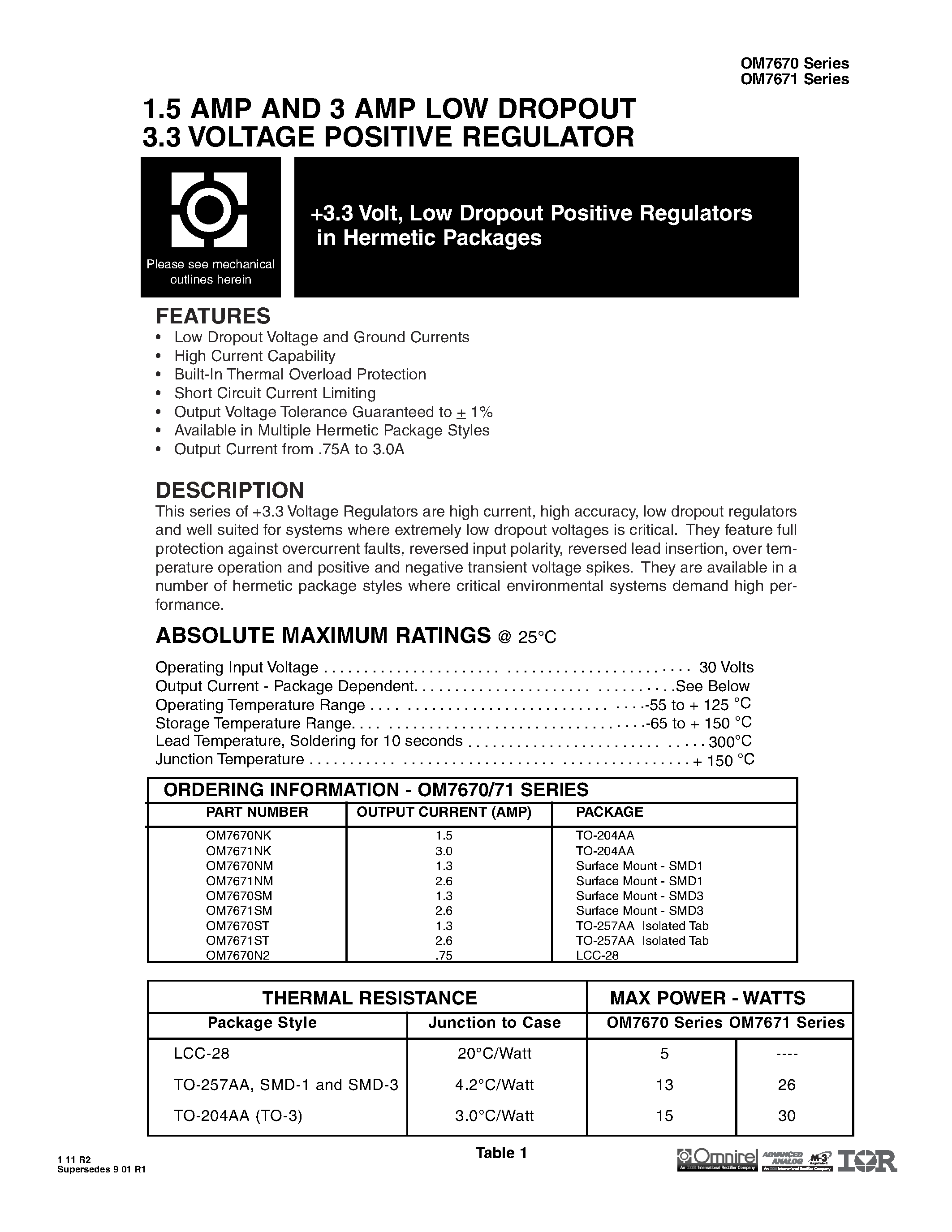 Datasheet OM7671 - 1.5 AMP AND 3 AMP LOW DROPOUT 3.3 VOLTAGE POSITIVE REGULATOR page 1