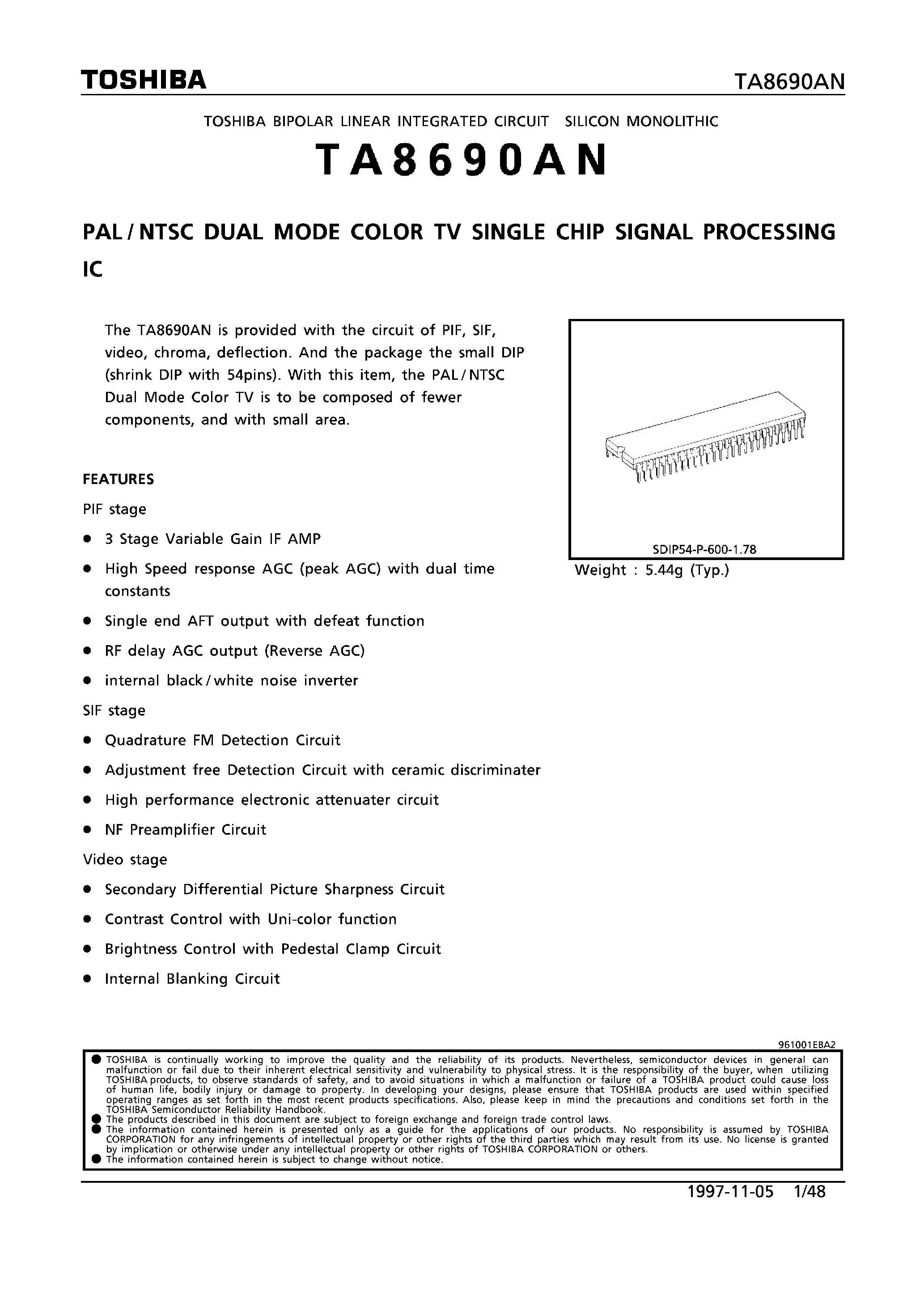 Даташит на микросхему TA8690AN страница 1 Даташит TA8690AN - PAL/NTSC DUAL MODE COLOR TV SINGLE CHIP SIGNAL PROCESSING IC страница 1