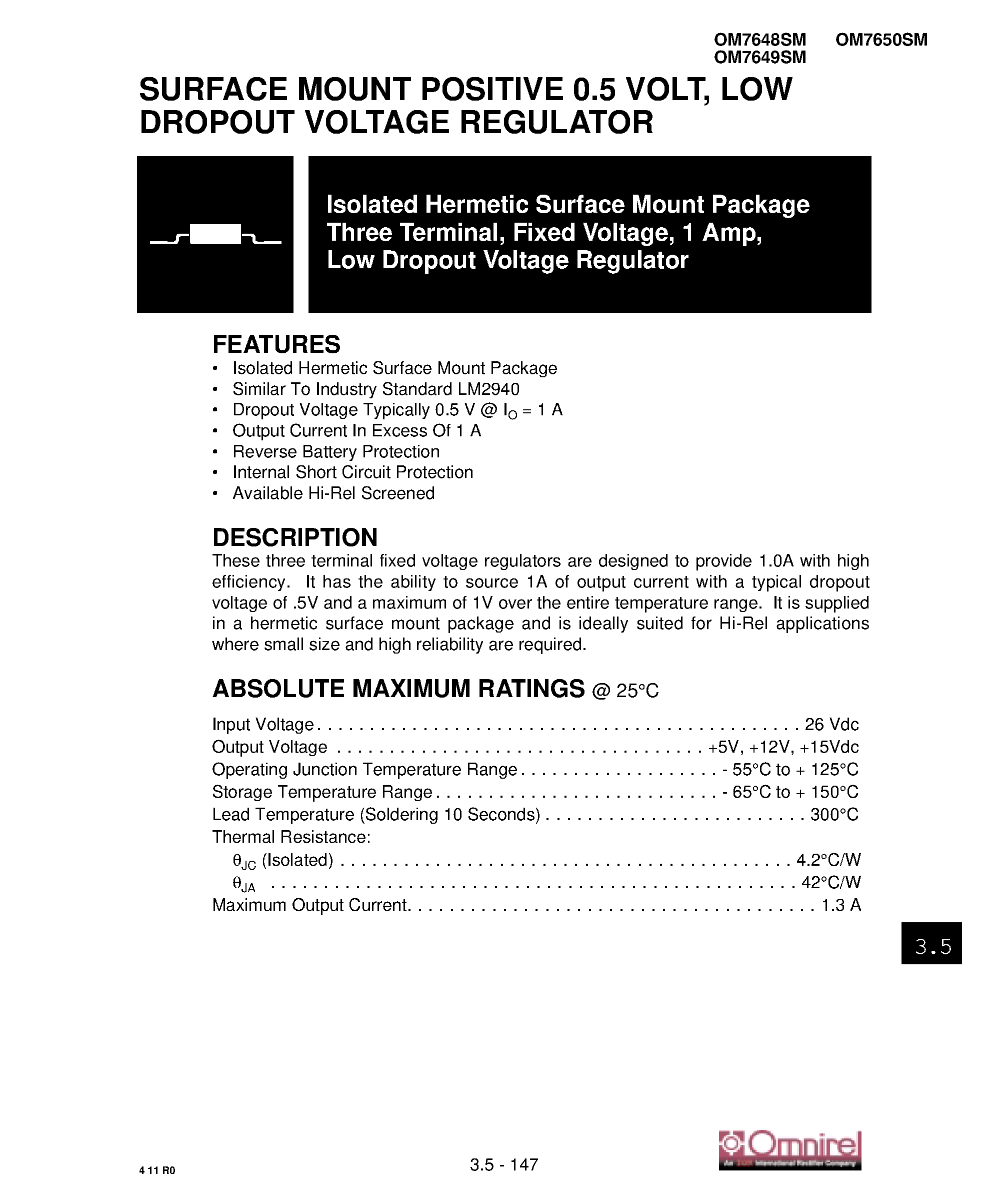 Datasheet OM7649SM - Surface Mount Positive 0.5 Volt / Low Dropout Voltage Regulator page 1