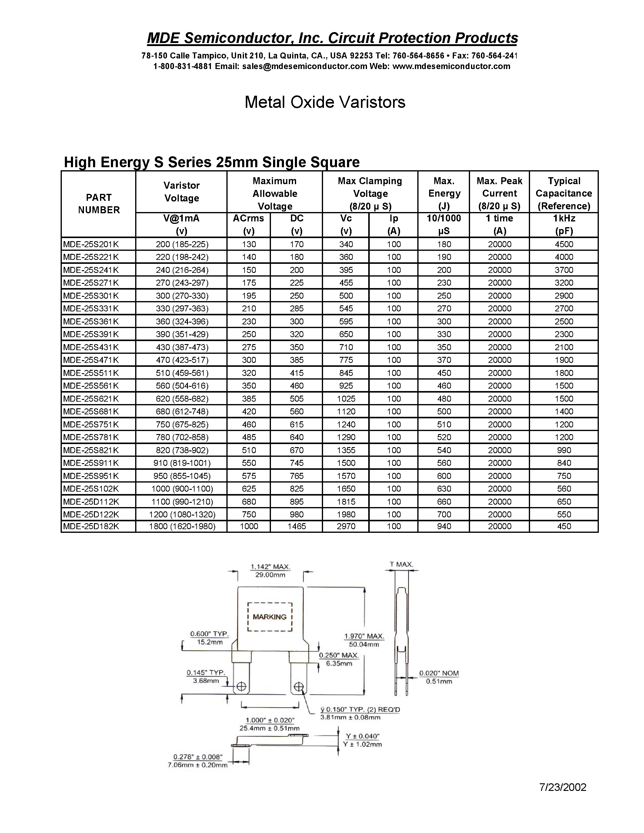 Datasheet MDE-25SxxK - 820V / max peak current:20000A / metal oxide varistor. Standard S series 25mm disc page 1