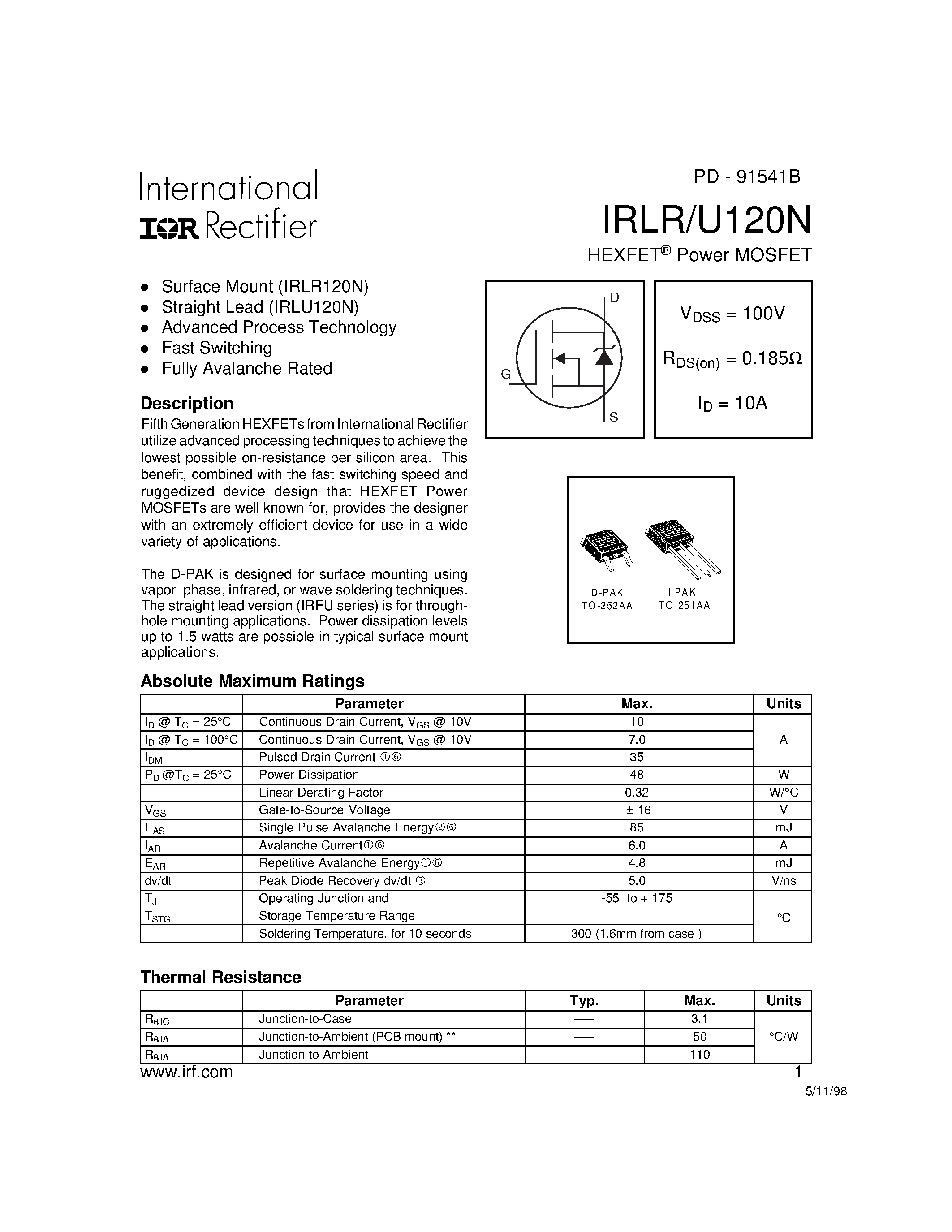 Даташит IRLR120N - N-channel power MOSFET / 100V / 10A страница 1