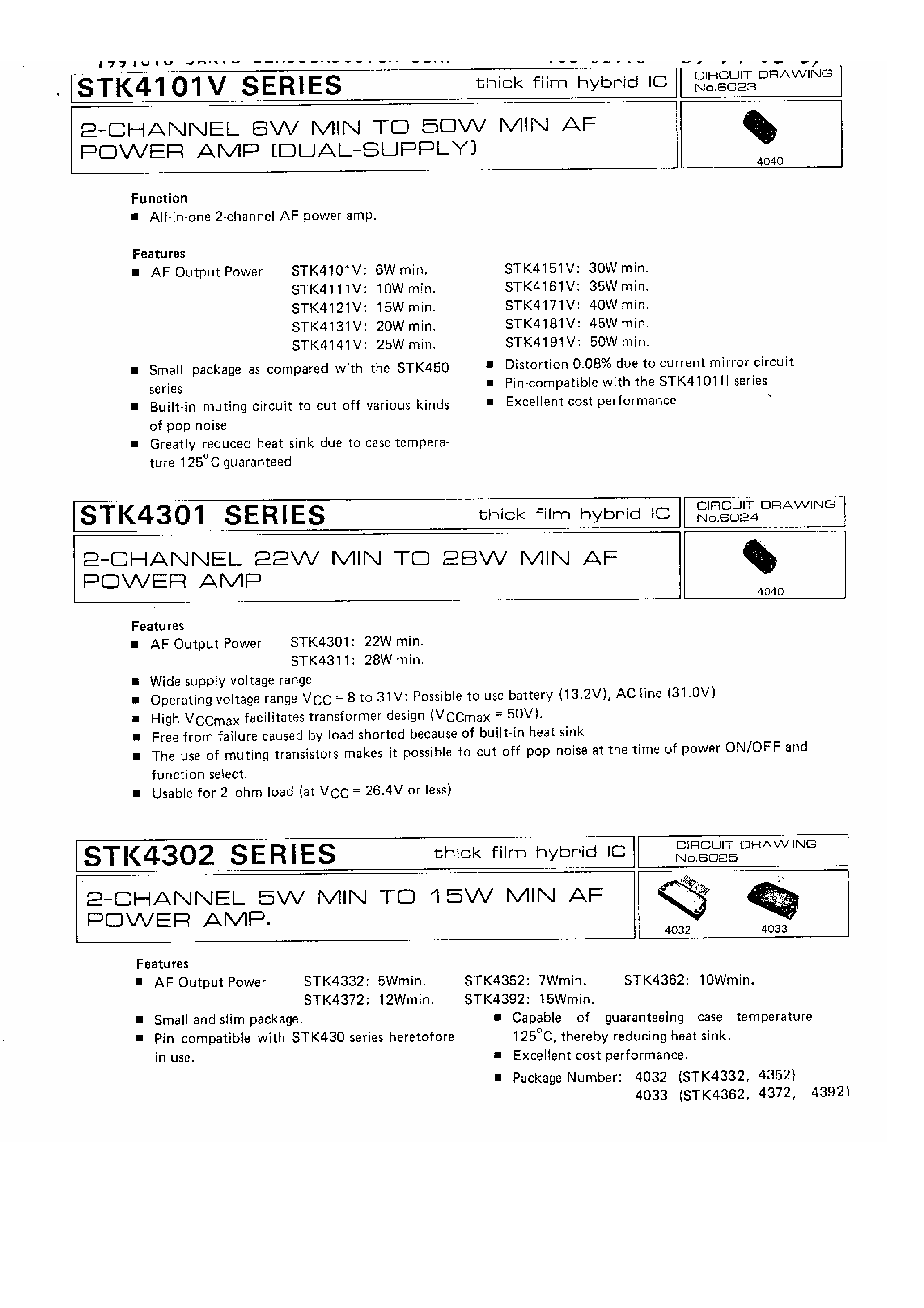 Datasheet STK4301 page 1 Datasheet STK4301 - 2 Channel 22W Min to 28W Min AF Power AMP page 1