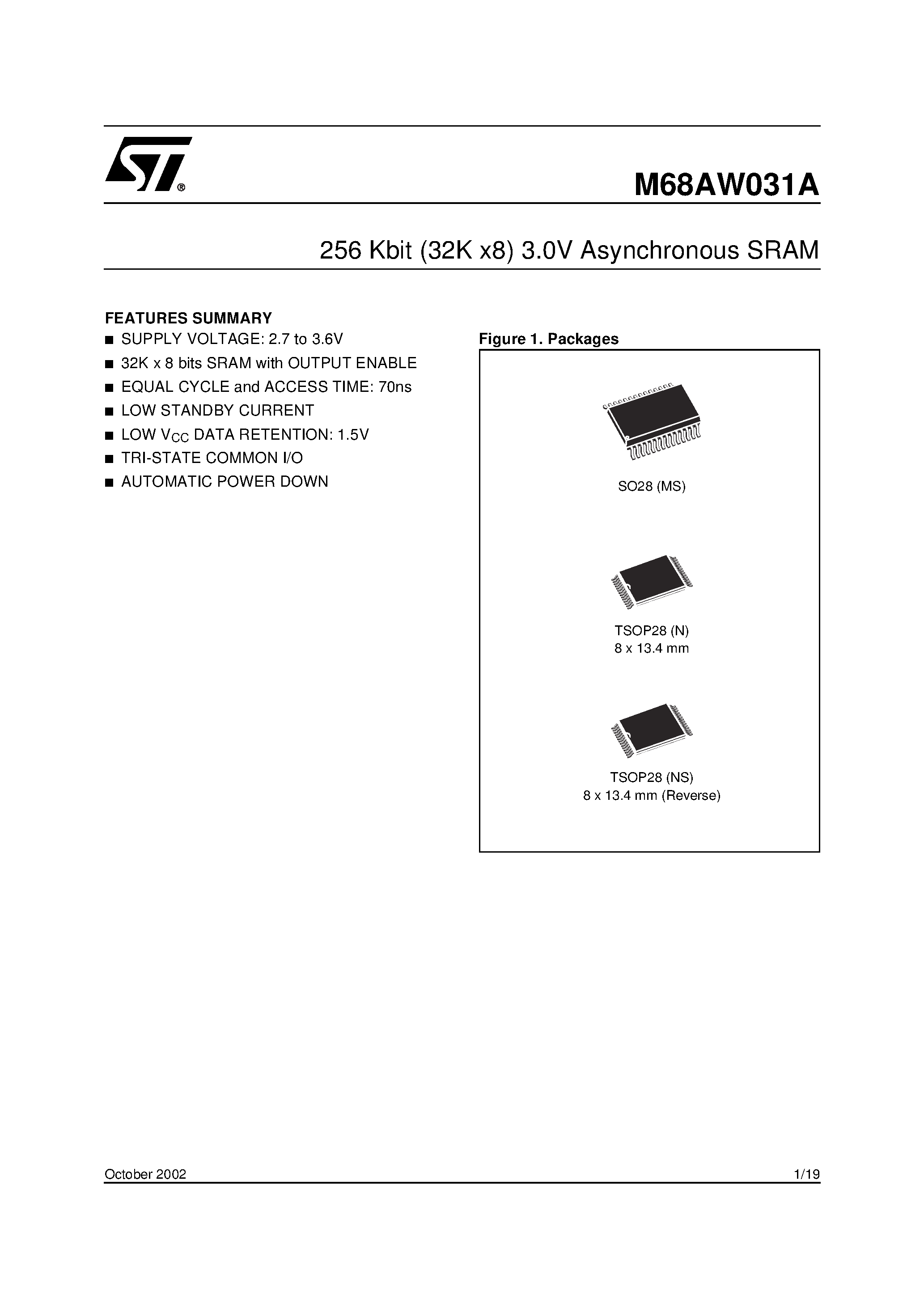 Datasheet M68AW031AL70NS6U - 256 Kbit (32K x8) 3.0V Asynchronous SRAM page 1