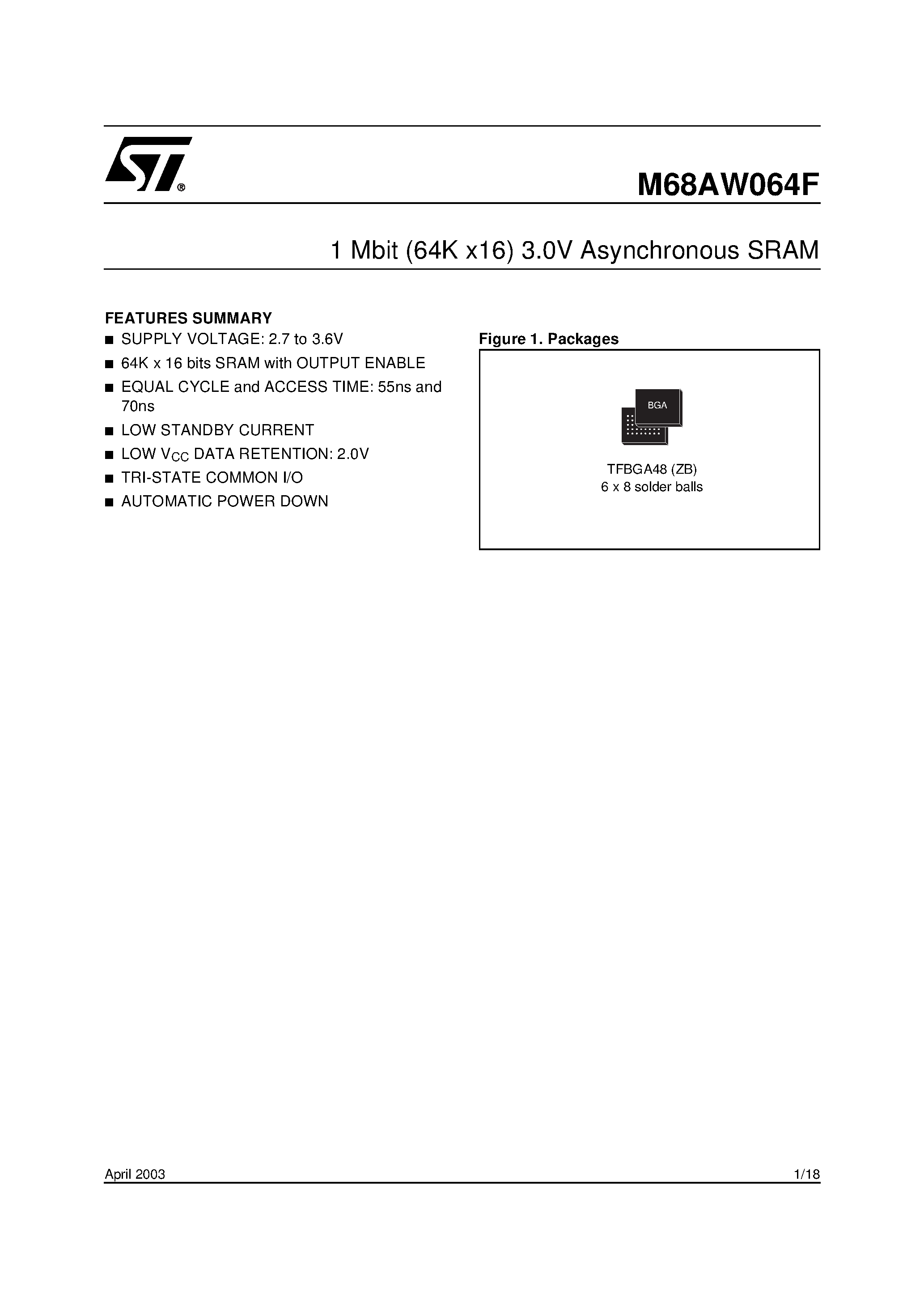 Datasheet M68AW064F - 1 Mbit 64K x16 3.0V Asynchronous SRAM page 1