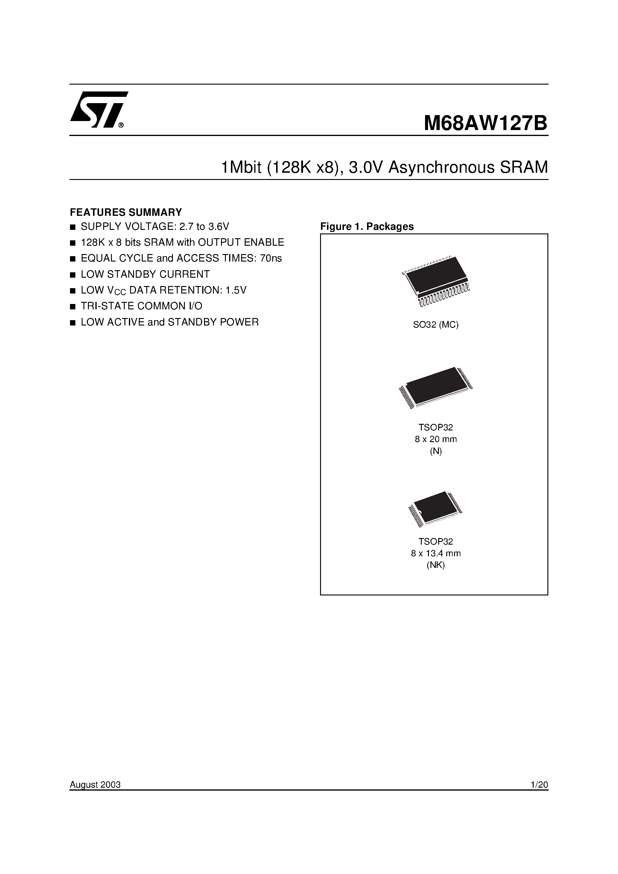 Datasheet M68AW127B - 1Mbit 128K x8 / 3.0V Asynchronous SRAM page 1
