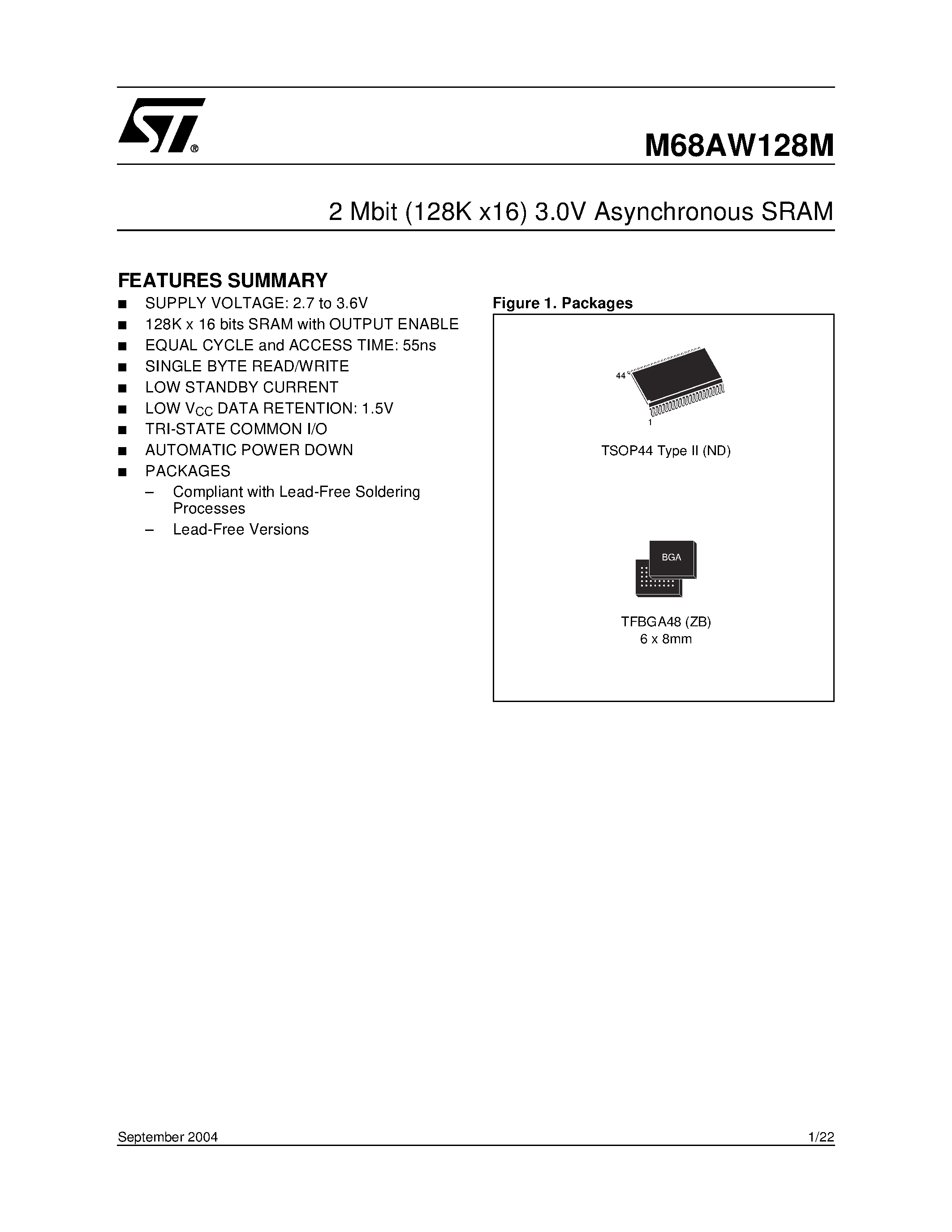 Datasheet M68AW128M - 2 Mbit (128K x16) 3.0V Asynchronous SRAM page 1